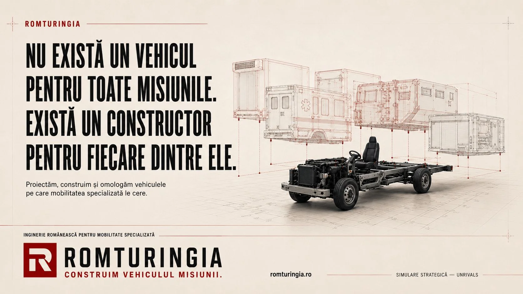 Vizual concept: patru module, ambulanță, celulă blindată, unitate frigorifică și autospecială de pompieri, suspendate deasupra unui șasiu comun de vehicul industrial.