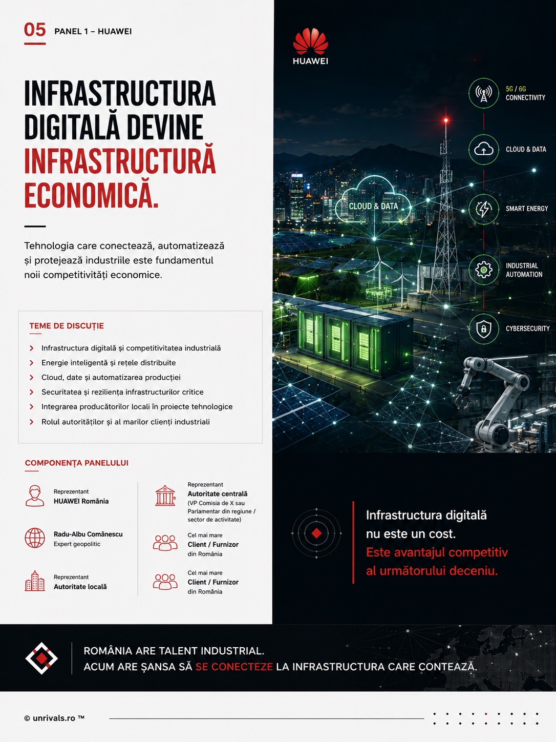 Planșa panelului Huawei din broșura conferinței, despre infrastructura digitală care devine infrastructură economică, cu conectivitate, cloud, energie inteligentă și automatizare industrială