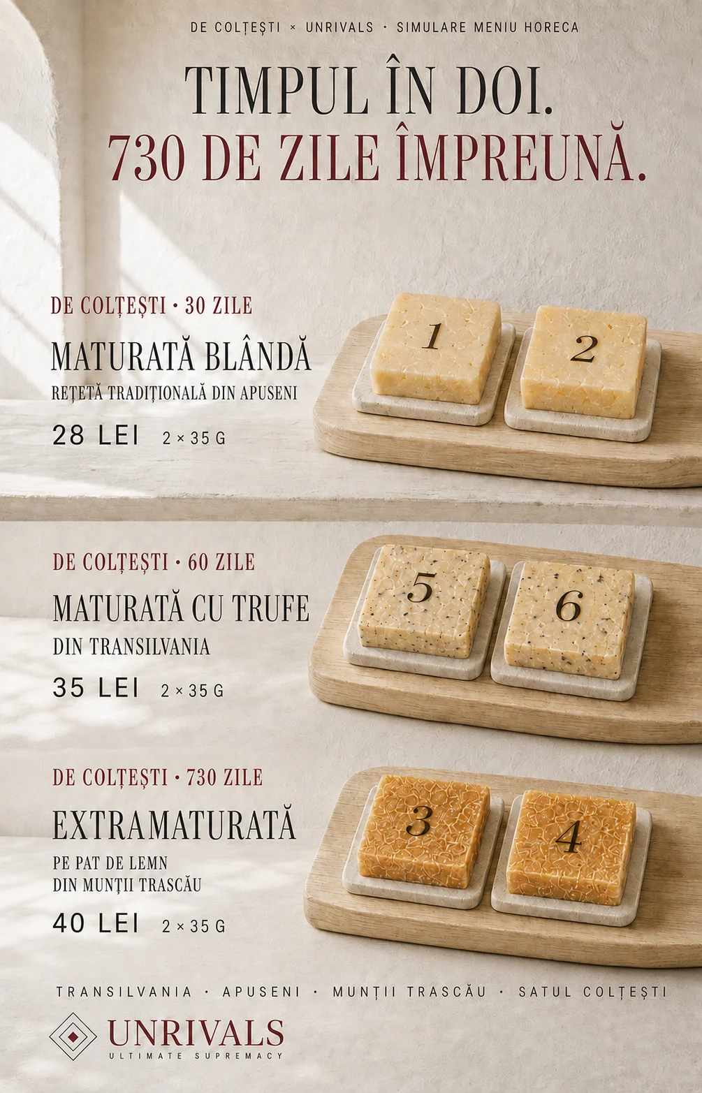 Planșă concept De Colțești × UNRIVALS, simulare de meniu HoReCa: „Timpul în doi. 730 de zile împreună." Trei tocătoare de lemn cu câte două porții numerotate, pentru 30 de zile maturată blândă la 28 de lei, 60 de zile maturată cu trufe din Transilvania la 35 de lei și 730 de zile extramaturată pe pat de lemn din Munții Trascău la 40 de lei, fiecare 2 × 35 g.