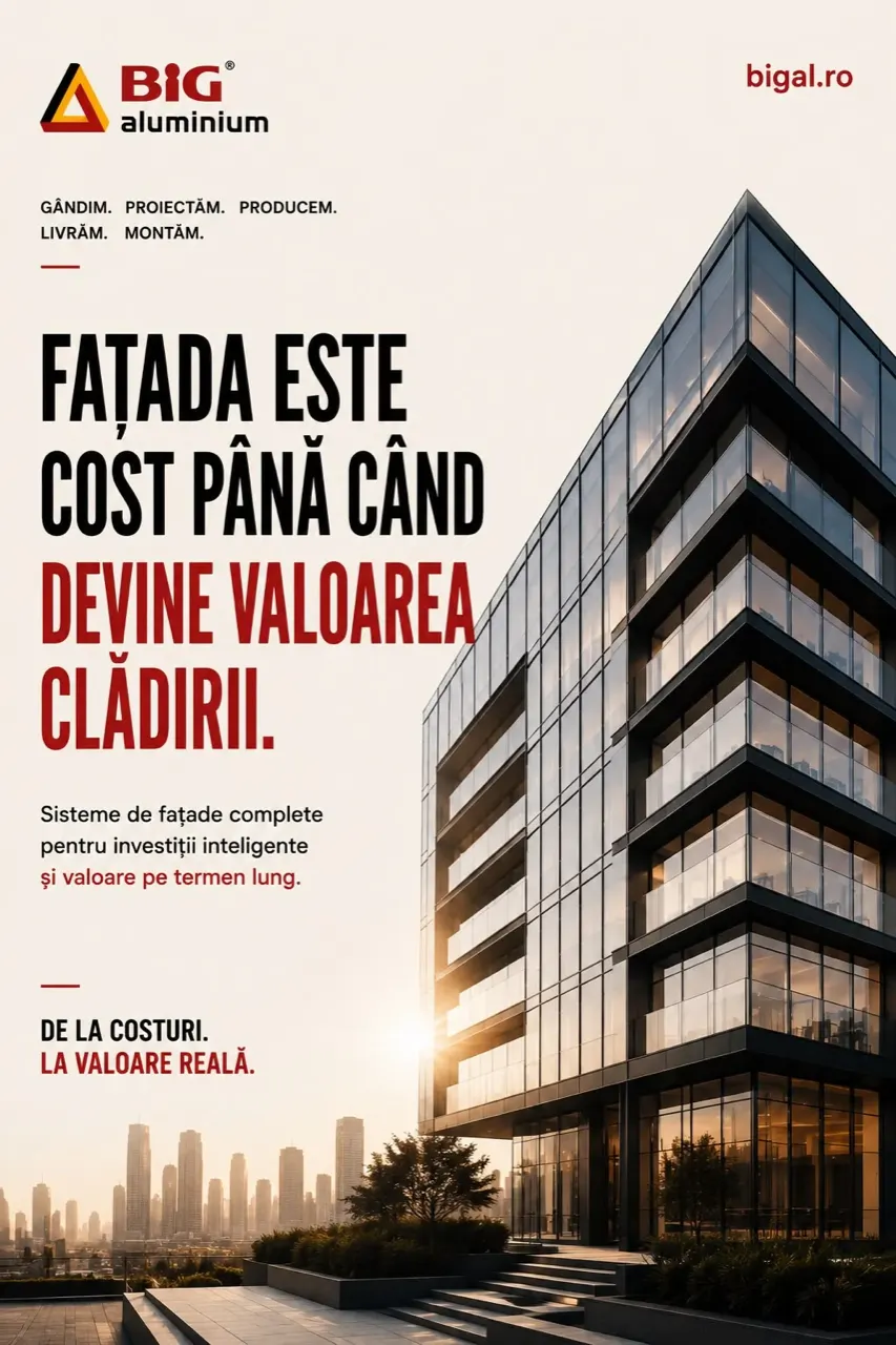 Planșă din deck-ul BIG Aluminium: responsabilitatea unică pe cele cinci etape, de la conceptul arhitectural până la montaj. Diferențiatorul rezolvat de deck este că intenția arhitectului ajunge în clădire fără să se dilueze între inginer, fabricant și montator.