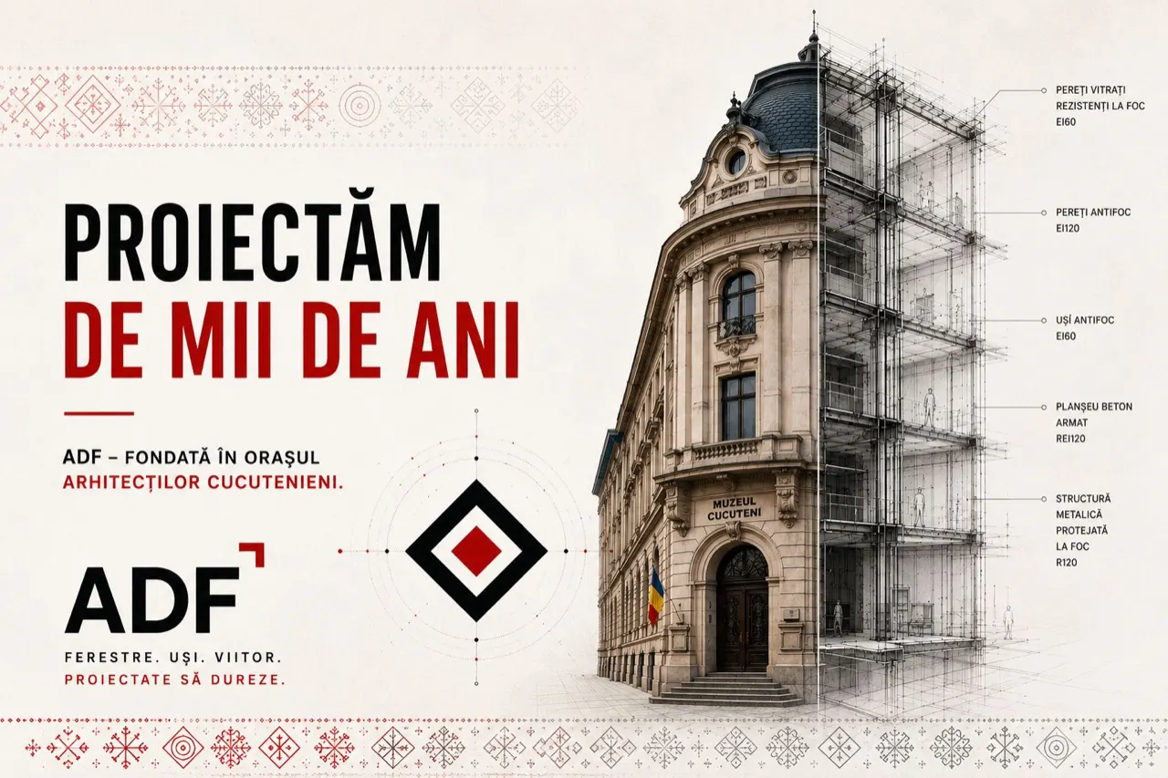 Billboardul campaniei „Proiectăm" al Fereastra ADF. Diferențiatorul rezolvat de deck este tâmplăria certificată EI120, rezistentă la foc, susținută de originea cucuteniană din Piatra Neamț.