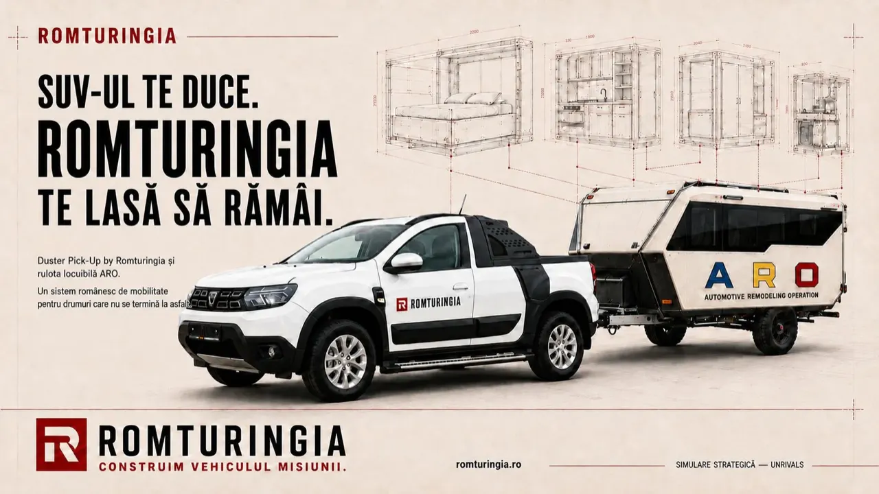 Planșă din deck-ul Romturingia: ARO pe platformă Duster alături de rulota locuibilă. Diferențiatorul rezolvat de deck este teritoriul van life ca venit complementar pentru dealerul de mașini second premium.