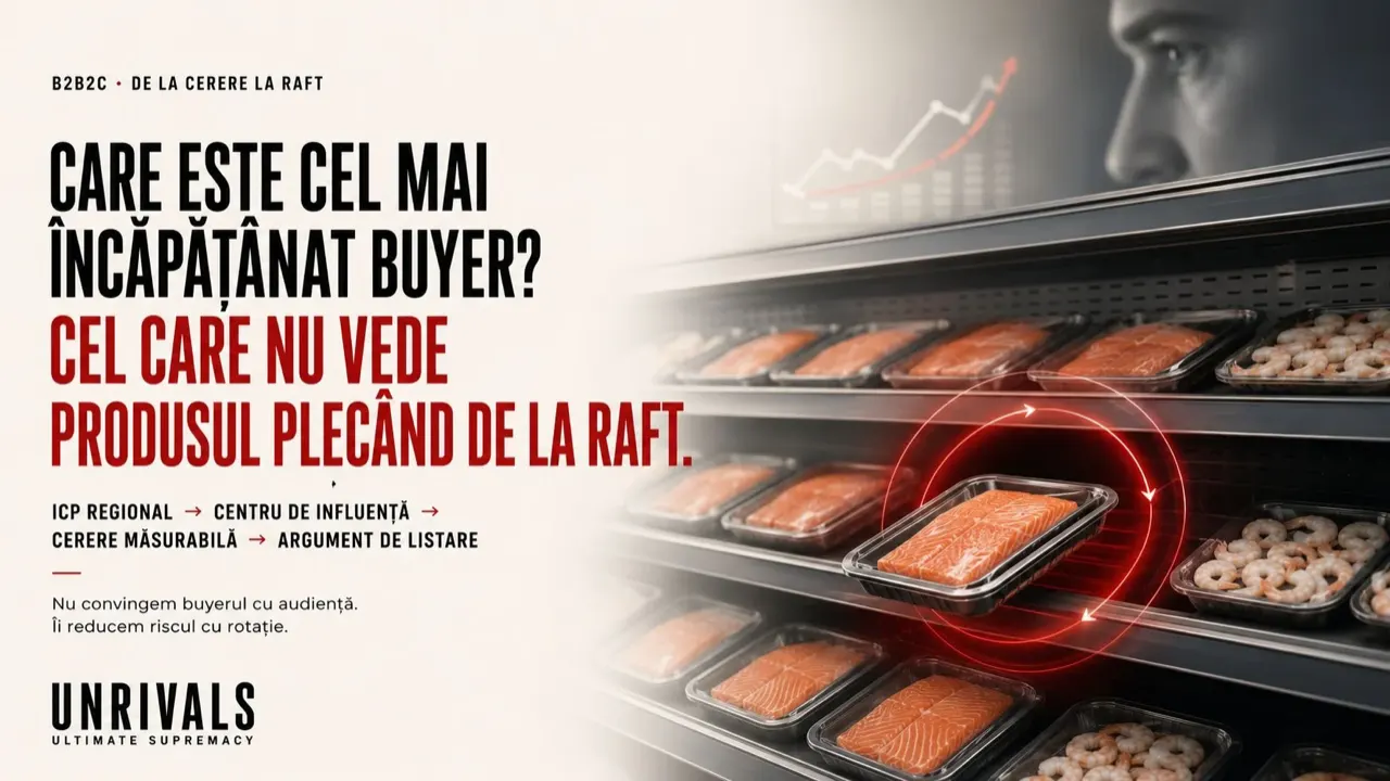 Planșă din deck-ul Pescado Grup: buyerul în fața raftului. Diferențiatorul rezolvat de deck este packaging as media, somonul care vinde creveții și creveții care vând somonul, adică valoarea coșului în locul SKU-ului individual.