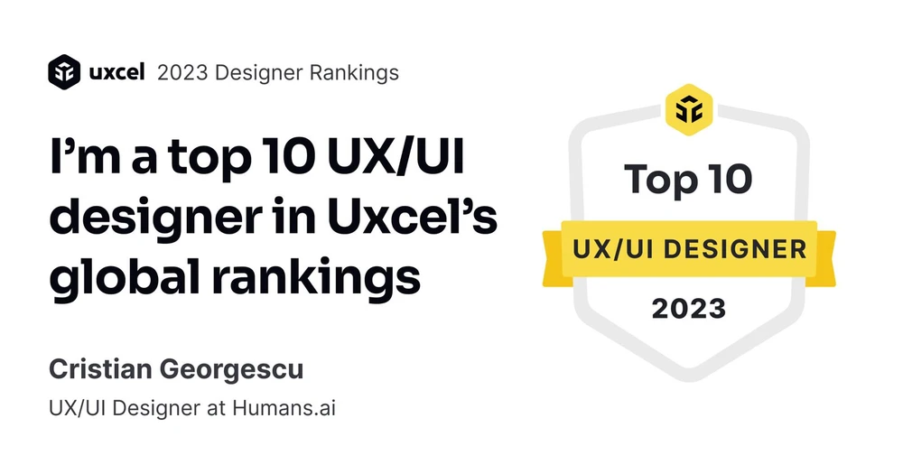 Badge Uxcel: Cristian Georgescu, top 10 în clasamentul global de designeri UX/UI, 2023