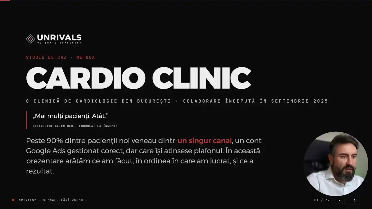 Slide-ul de titlu al prezentării Cardio Clinic, cu prezentatorul în colț