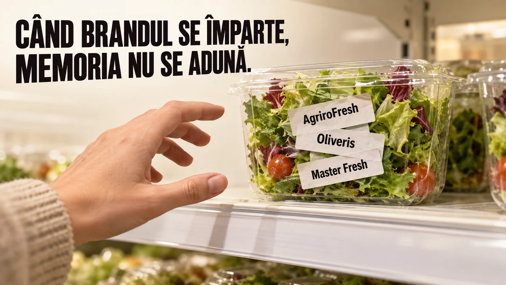 Planșă: o mână se întinde spre o caserolă de salată de pe raftul frigorific, iar pe capac sunt lipite trei etichete una peste alta, AgriroFresh, Oliveris și Master Fresh. Textul spune că, atunci când brandul se împarte, memoria nu se adună.