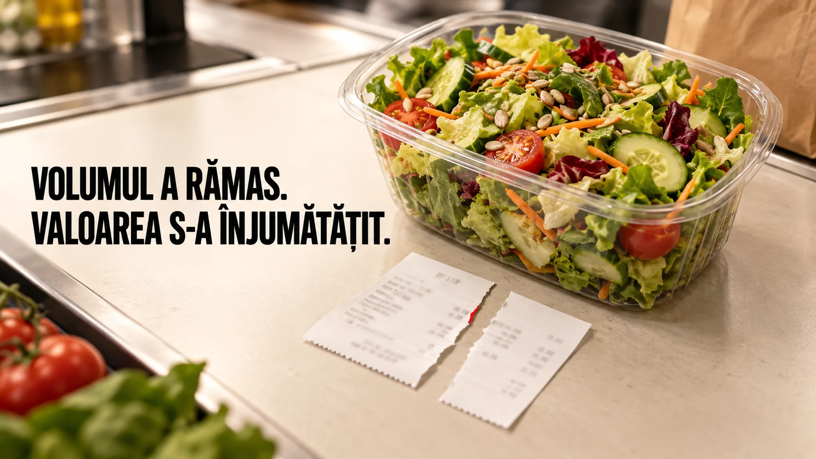 Planșă: o caserolă plină de salată stă pe un blat de inox, iar în fața ei este un bon fiscal rupt în două jumătăți. Textul spune că volumul a rămas, iar valoarea s-a înjumătățit.