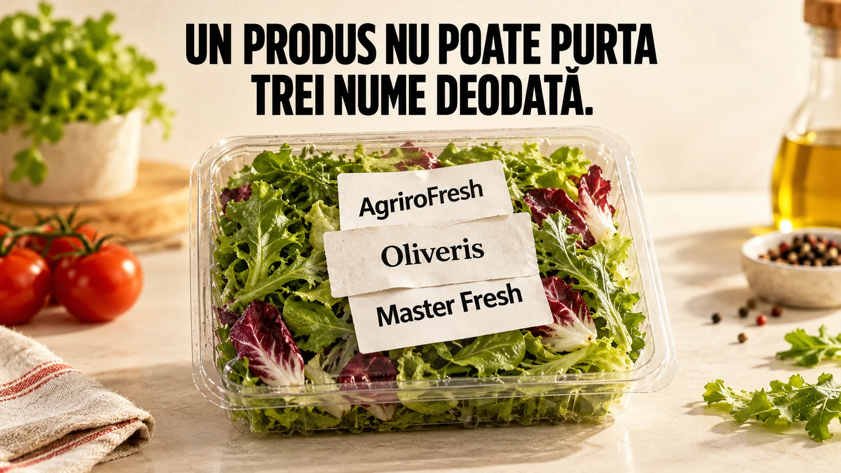 Planșă: o caserolă de salată verde văzută de sus, cu trei etichete de hârtie suprapuse în mijloc, AgriroFresh, Oliveris și Master Fresh. Textul spune că un produs nu poate purta trei nume deodată.