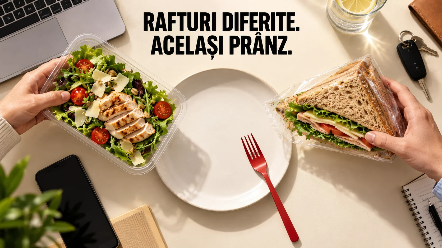 Planșă: pe un birou, o mână ține o caserolă de salată cu pui, cealaltă un sandwich ambalat, iar între ele stau o farfurie goală și o furculiță roșie. Textul spune rafturi diferite, același prânz.