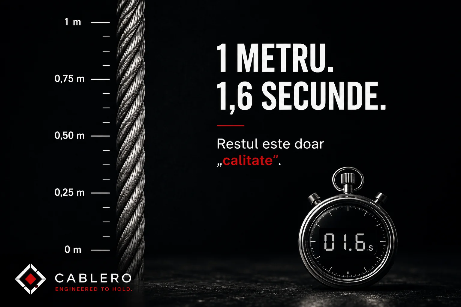 Reclamă: în stânga, un cablu de oțel vertical măsurat cu o riglă industrială de la 0 la 1 metru; în dreapta, un cronometru care arată 01.6 secunde. Textul spune „1 metru. 1,6 secunde. Restul este doar «calitate».”