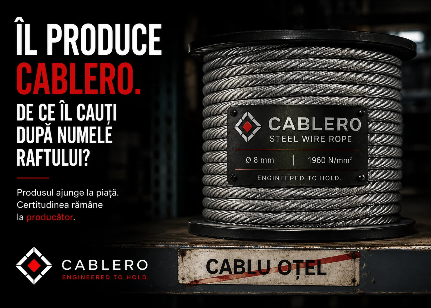 Reclamă: o rolă mare de cablu de oțel pe un raft industrial, cu o plăcuță metalică pe care scrie Cablero, steel wire rope, diametru 8 mm. Sub raft, eticheta generică „cablu oțel” este tăiată cu o linie roșie. Textul spune „Îl produce Cablero. De ce îl cauți după numele raftului?”