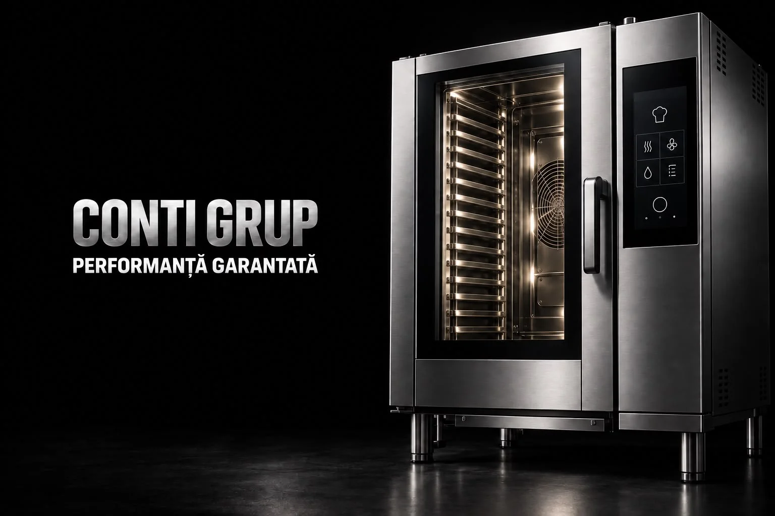 Concept vizual pentru Conti Grup: un cuptor profesional de mare capacitate pe fundal negru, cu numele CONTI GRUP și linia performanță garantată. Treapta superioară a arhitecturii propuse.