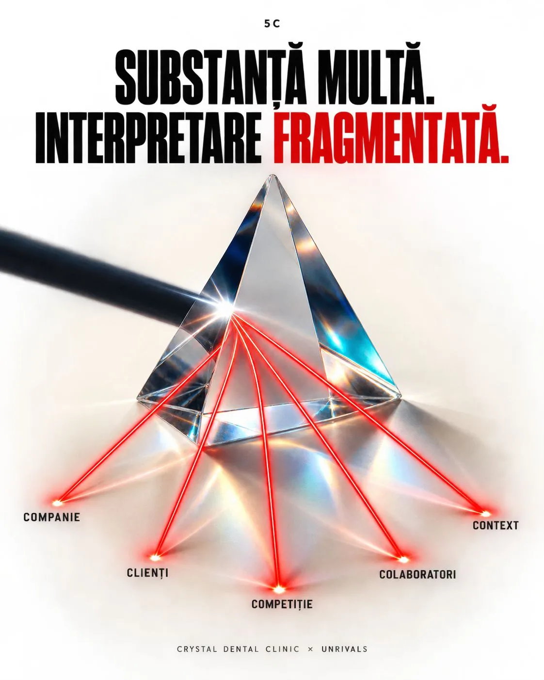 O prismă de cristal despică un fascicul de lumină în cinci raze roșii, care ajung în cinci puncte: companie, clienți, competiție, colaboratori, context. Deasupra scrie „Substanță multă. Interpretare fragmentată.”