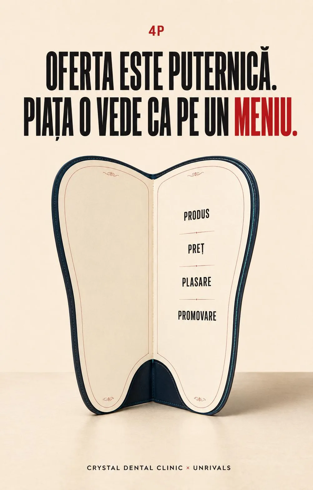 Un meniu de restaurant legat în piele, decupat în formă de dinte, deschis la o pagină cu patru rânduri: produs, preț, plasare, promovare. Deasupra scrie „Oferta este puternică. Piața o vede ca pe un meniu.”