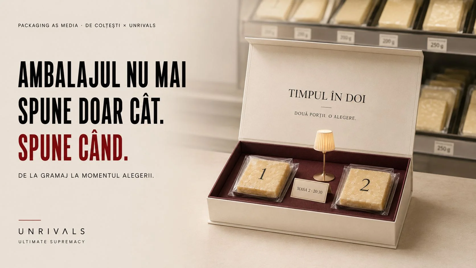 Concept „Packaging as Media” De Colțești: cutie „Timpul în doi. Două porții. O alegere”, cu cele două porții individuale ambalate, pe raftul de brânzeturi maturate.