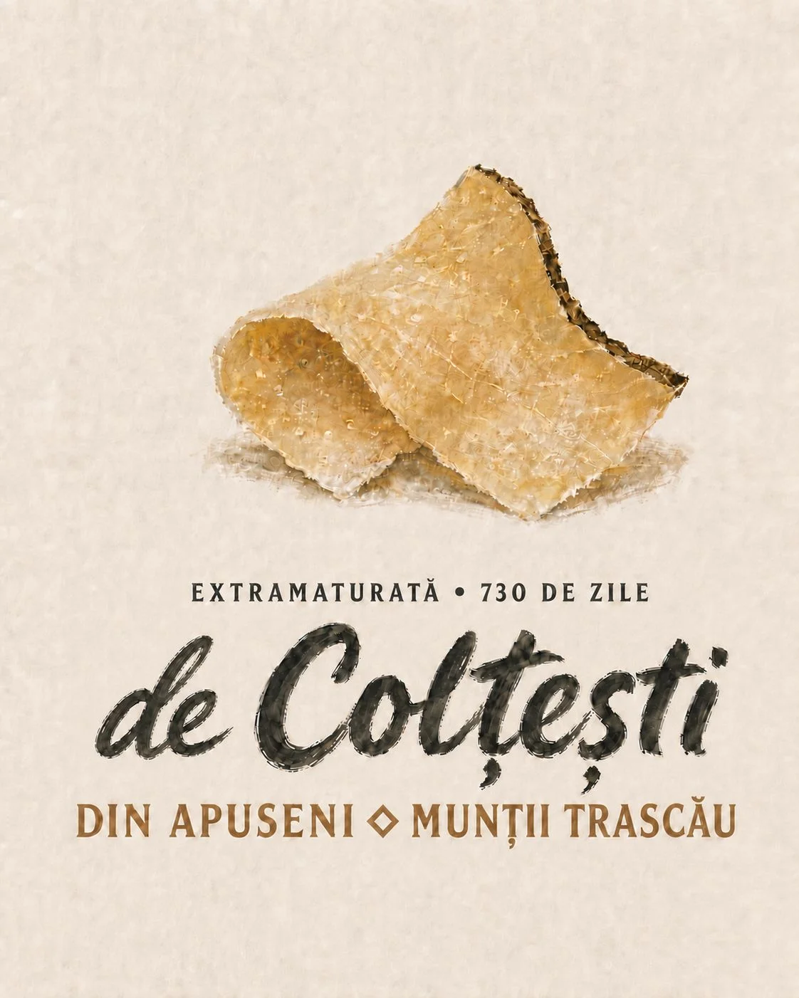 Lockupul propus pentru De Colțești: semnătura „de Colțești” scrisă de mână, deasupra ei rândul „extramaturată · 730 de zile”, dedesubt „din Apuseni ◇ Munții Trascău”, iar sus o felie de brânză extramaturată pictată pe fundal de hârtie.