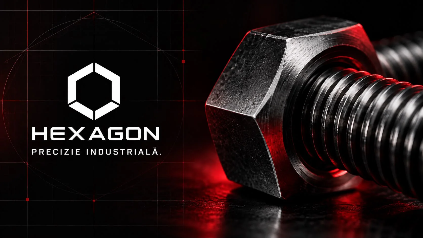 Planșă de deschidere Hexagon: pe fond negru-roșu, o mașină de înșurubat Milwaukee cu o țintă hexagonală marcată pe cap, lângă sigla HEXAGON și titlul PRECIZIE INDUSTRIALĂ, cu subtitlul Alegem ce funcționează. Verificăm ce contează, și rândul de subsol PARTENERUL ESTE DOVADA. HEXAGON ESTE DECIZIA.