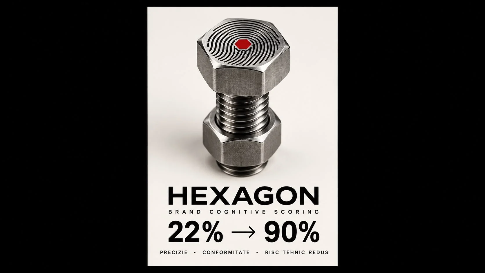 Planșă de deschidere Hexagon: pe fond negru, un șurub cu piuliță luminat în roșu, lângă sigla hexagonală albă HEXAGON și tagline-ul PRECIZIE INDUSTRIALĂ.