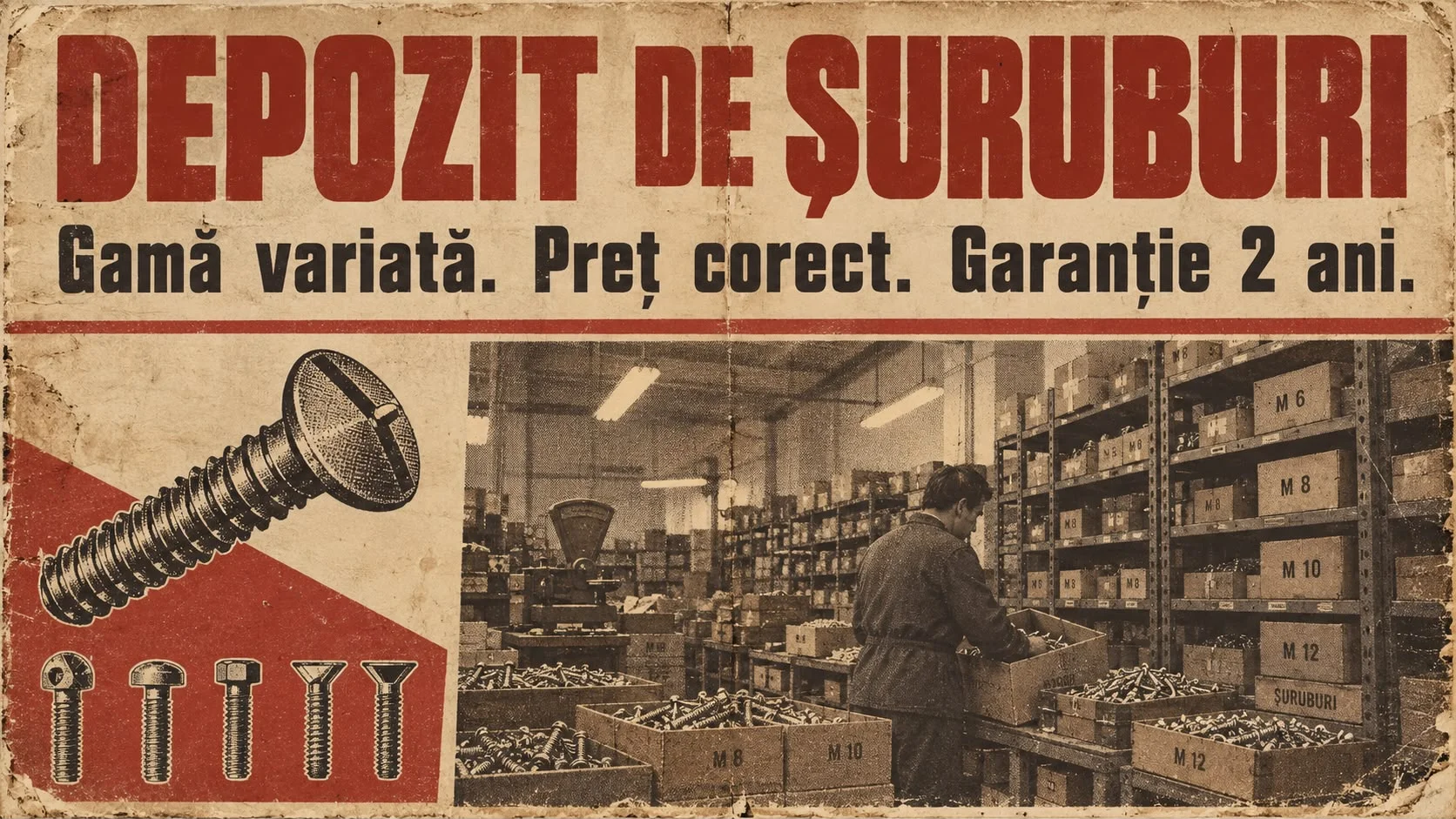 Planșă de închidere Hexagon, înainte: afiș vechi, uzat, în roșu și crem, cu titlul DEPOZIT DE ȘURUBURI și subtitlul Gamă variată. Preț corect. Garanție 2 ani, lângă o fotografie de arhivă cu un depozit de șuruburi și cutii etichetate M6-M12.