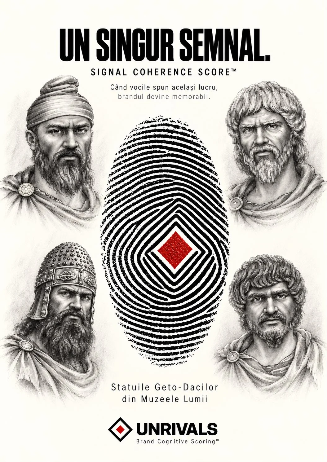 Planșă verticală cu titlul Un singur semnal și mențiunea Signal Coherence Score, când vocile spun același lucru, brandul devine memorabil. În centru este o amprentă digitală cu un romb roșu, înconjurată de patru capete de statui geto-dacice, iar dedesubt scrie Statuile geto-dacilor din muzeele lumii și UNRIVALS Brand Cognitive Scoring.