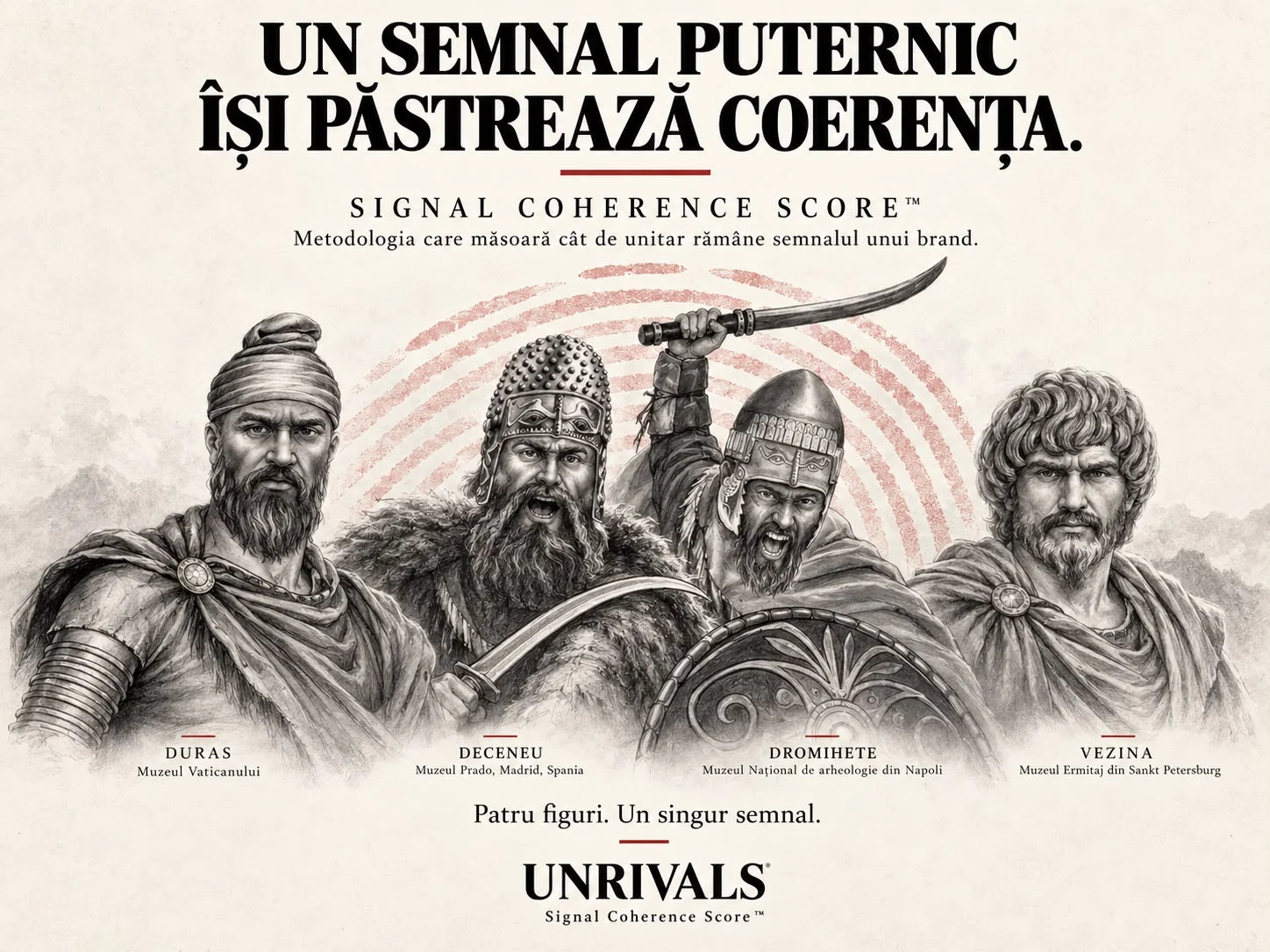 Planșă cu titlul Un semnal puternic își păstrează coerența și subtitlul Signal Coherence Score, metodologia care măsoară cât de unitar rămâne semnalul unui brand. Patru figuri de daci, Duras, Deceneu, Dromihete și Vezina, stau în fața unor unde roșii, iar dedesubt scrie Patru figuri, un singur semnal.