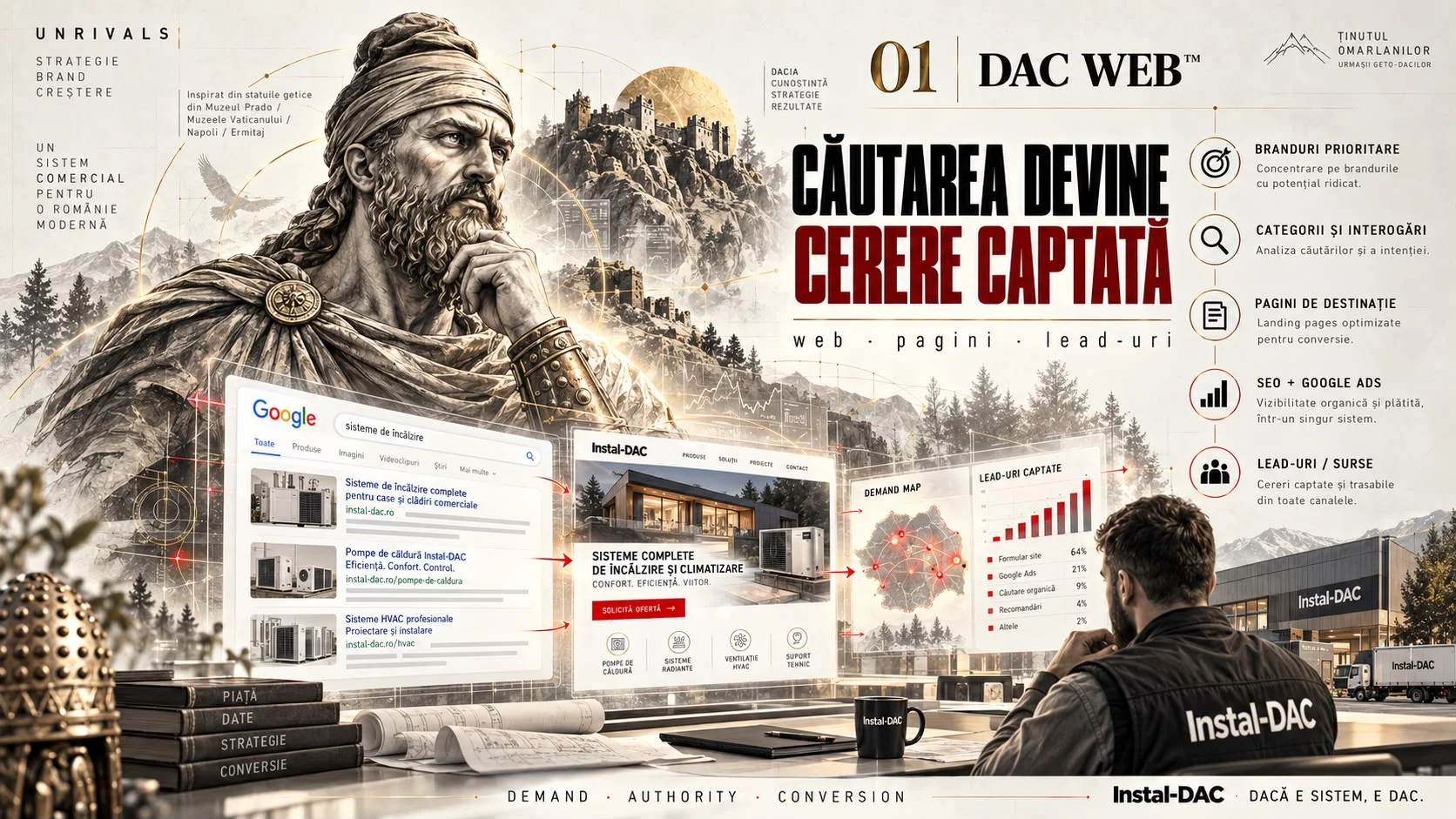 Planșa 01 DAC Web, cu titlul Căutarea devine cerere captată, web, pagini, lead-uri. Un dac privește un ecran cu rezultate Google și pagini Instal-DAC de sisteme complete de încălzire, lângă un consultant Instal-DAC. Lista din dreapta cuprinde branduri prioritare, categorii și interogări, pagini de destinație, SEO și Google Ads, lead-uri și surse.