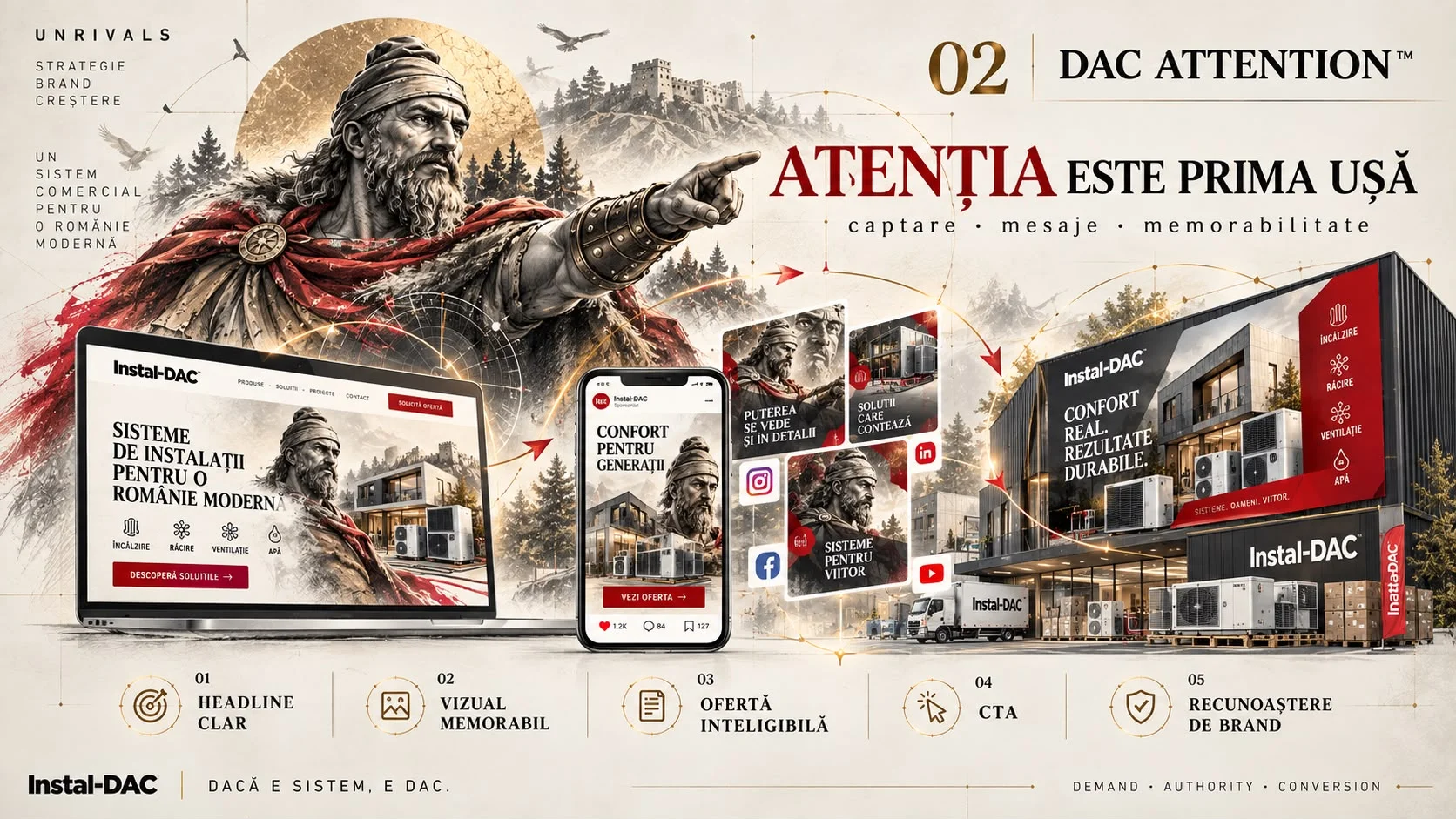 Planșa 02 DAC Attention, cu titlul Atenția este prima ușă, captare, mesaje, memorabilitate. Un dac cu mantie roșie arată spre site-ul Instal-DAC pe laptop, o reclamă pe telefon, postări sociale și fațada unui magazin Instal-DAC. Dedesubt sunt cinci puncte, headline clar, vizual memorabil, ofertă inteligibilă, CTA și recunoaștere de brand.