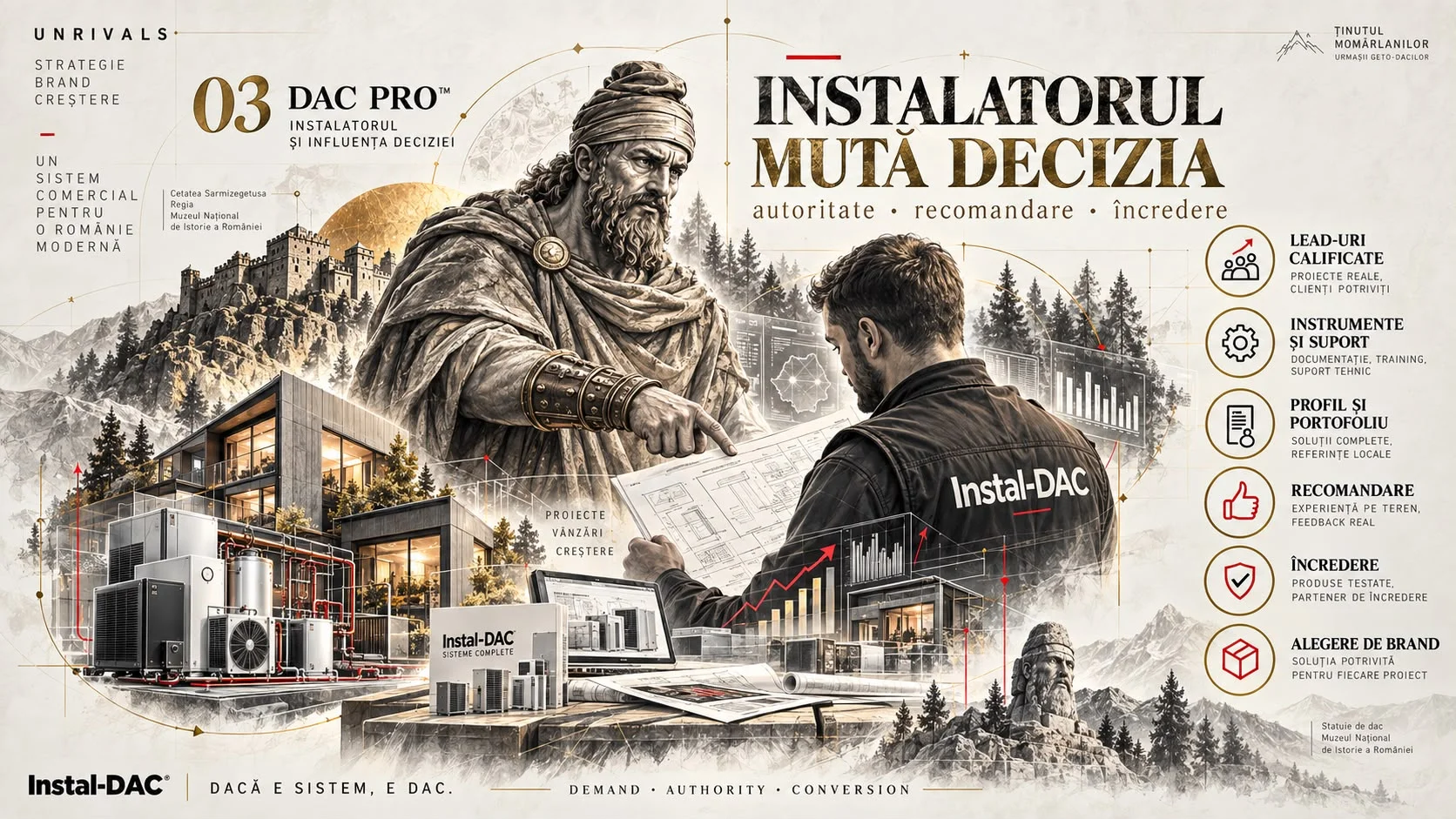 Planșa 03 DAC Pro, cu titlul Instalatorul mută decizia, autoritate, recomandare, încredere. Un dac și un instalator Instal-DAC studiază împreună un plan de instalații, lângă o casă modernă și echipamente termice. Lista din dreapta cuprinde lead-uri calificate, instrumente și suport, profil și portofoliu, recomandare, încredere și alegere de brand.