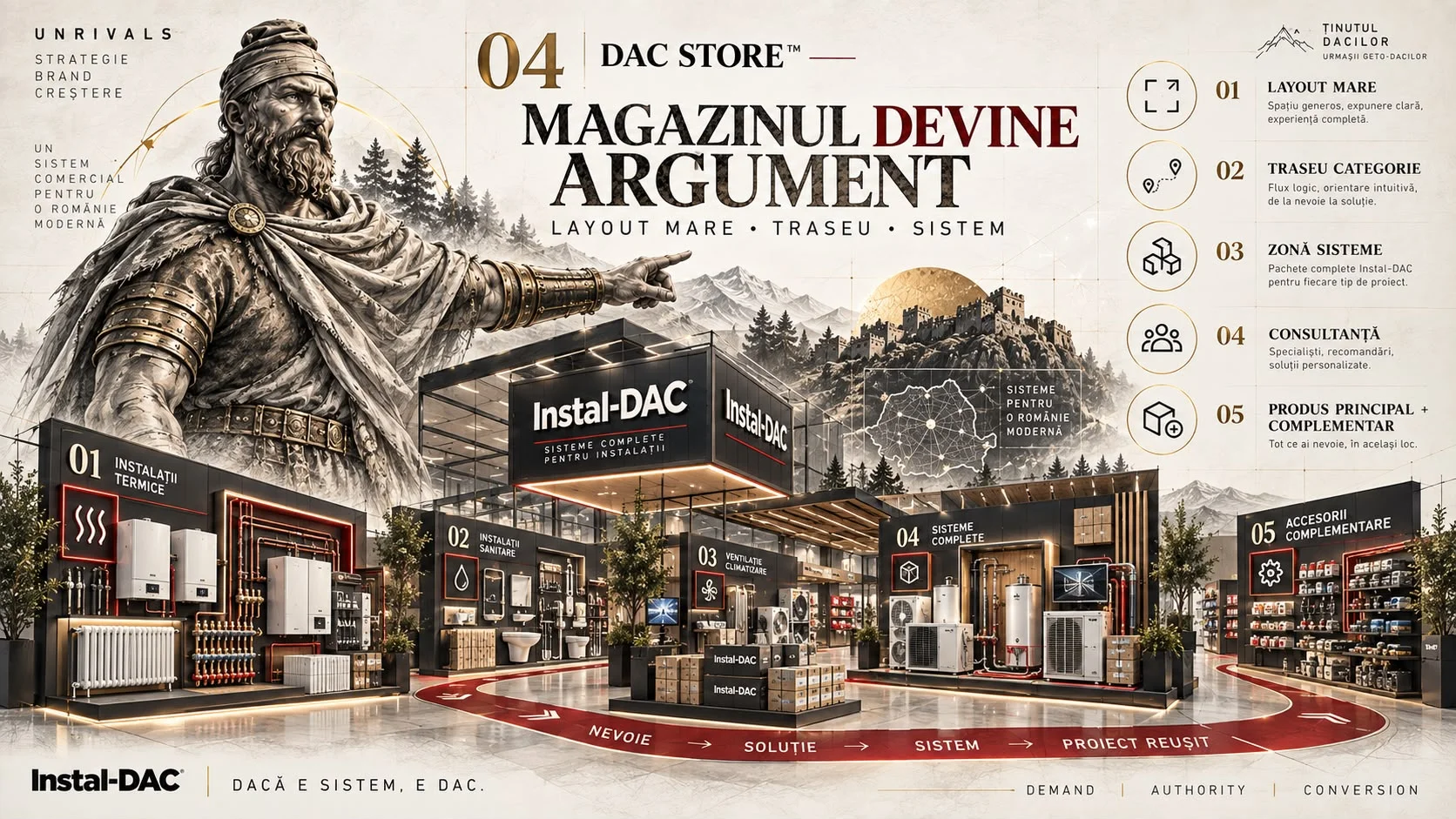 Planșa 04 DAC Store, cu titlul Magazinul devine argument, layout mare, traseu, sistem. Un dac arată spre un magazin Instal-DAC împărțit în cinci zone, instalații termice, instalații sanitare, ventilație și climatizare, sisteme complete și accesorii complementare, legate de un traseu roșu pe podea care duce de la nevoie la soluție, la sistem și la proiectul reușit.