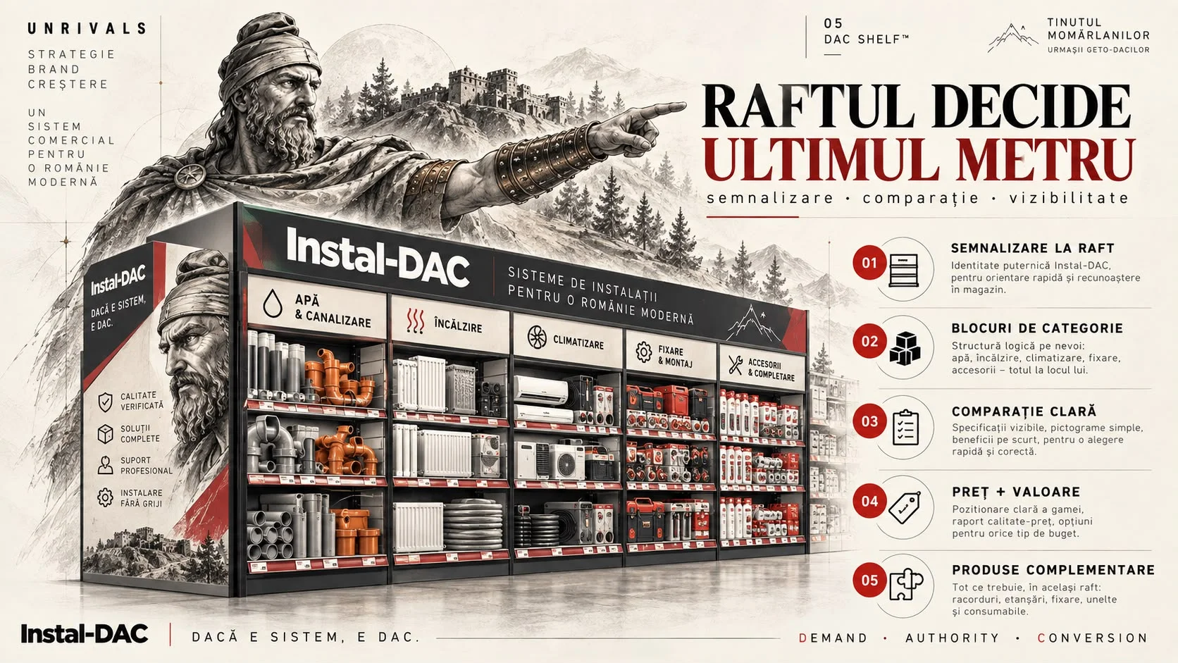 Planșa 05 DAC Shelf, cu titlul Raftul decide ultimul metru, semnalizare, comparație, vizibilitate. Un raft Instal-DAC este organizat pe categorii, apă și canalizare, încălzire, climatizare, fixare și montaj, accesorii, iar alături stau cinci principii, semnalizare la raft, blocuri de categorie, comparație clară, preț și valoare, produse complementare.