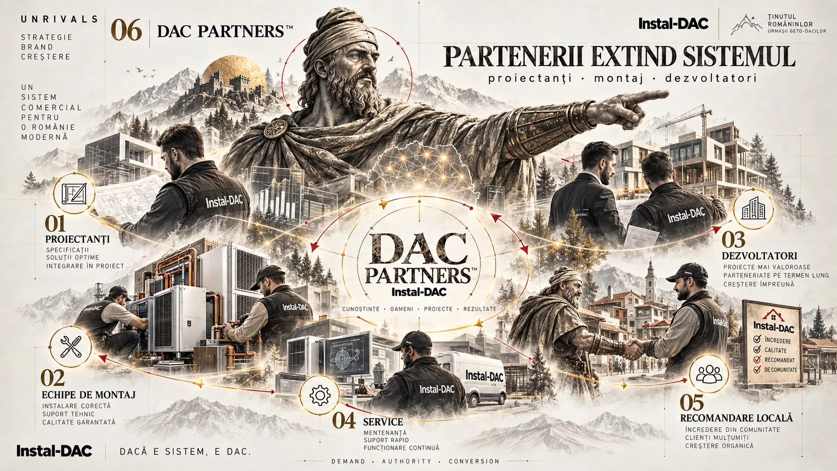 Planșa 06 DAC Partners, cu titlul Partenerii extind sistemul, proiectanți, montaj, dezvoltatori. Un dac arată peste un cerc de parteneri Instal-DAC, proiectanți, echipe de montaj, dezvoltatori, service și recomandare locală, cu oameni în veste Instal-DAC pe șantiere și în clădiri noi.
