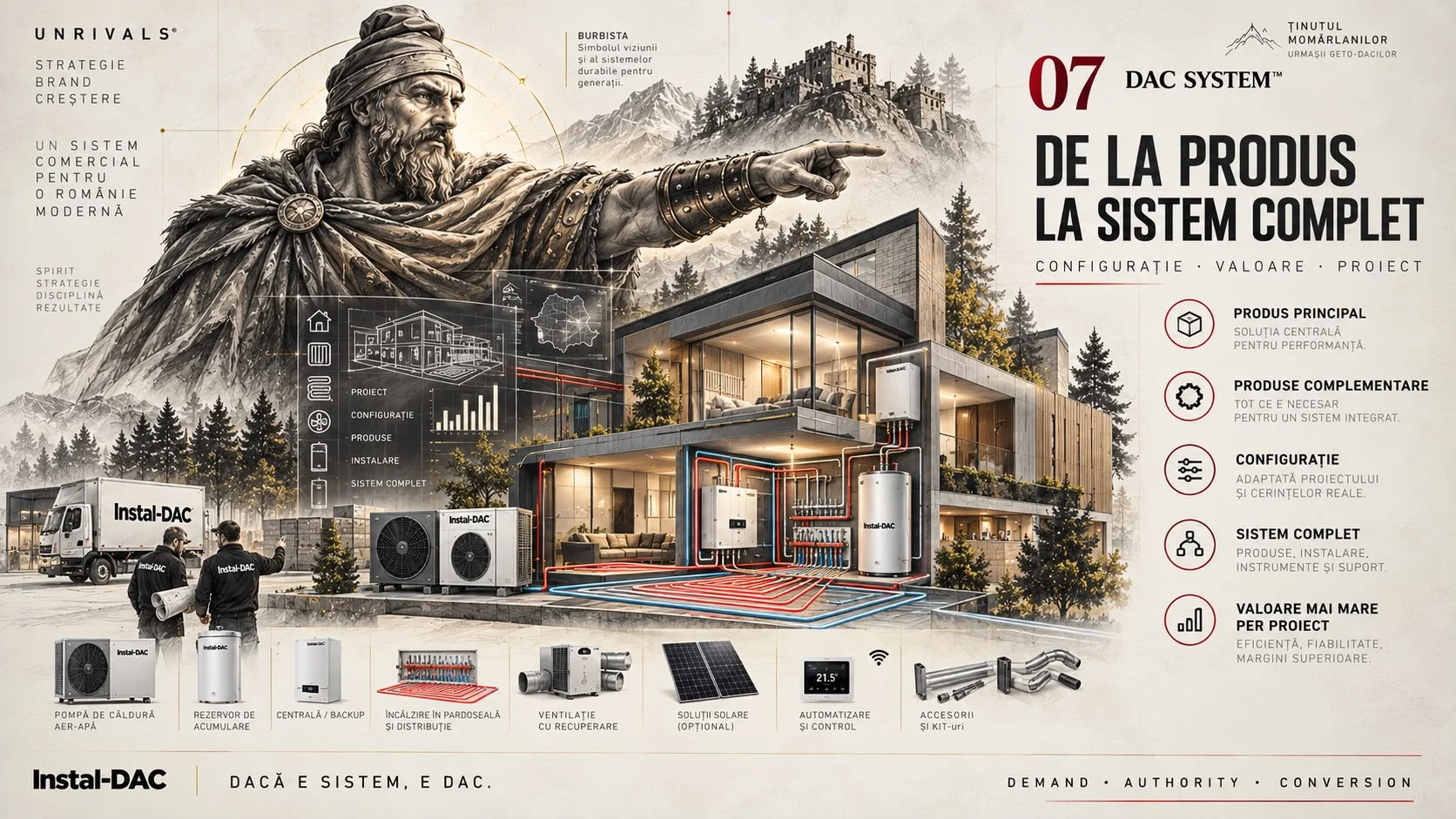 Planșa 07 DAC System, cu titlul De la produs la sistem complet, configurație, valoare, proiect. O casă modernă în secțiune arată cum lucrează împreună pompa de căldură aer-apă, rezervorul de acumulare, centrala, încălzirea în pardoseală, ventilația cu recuperare, panourile solare și automatizarea, iar lista din dreapta merge de la produsul principal până la valoarea mai mare per proiect.