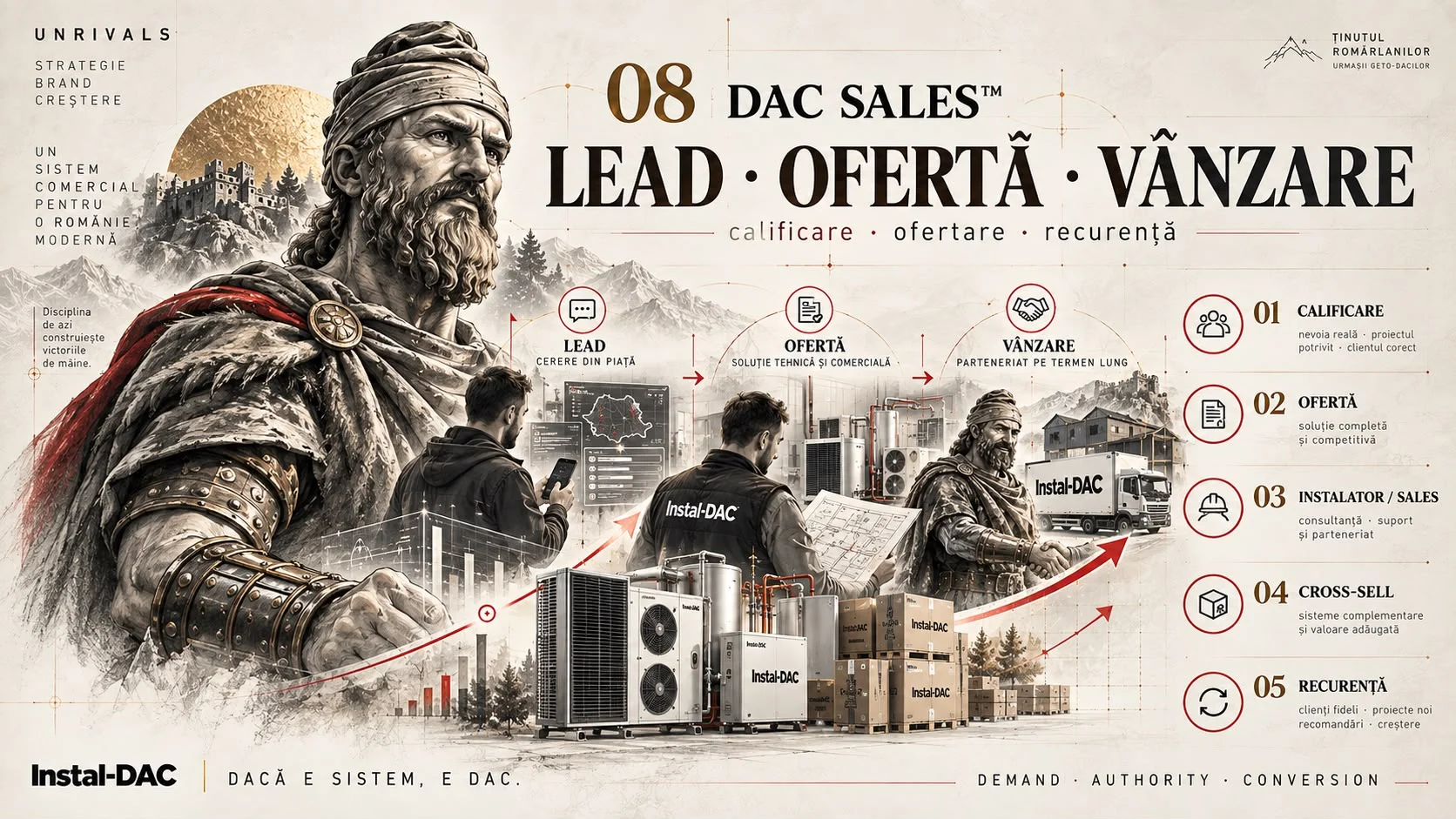 Planșa 08 DAC Sales, cu titlul Lead, ofertă, vânzare, calificare, ofertare, recurență. Un dac și echipa Instal-DAC duc o cerere din piață printr-o soluție tehnică și comercială până la un parteneriat pe termen lung, cu cinci pași în dreapta, calificare, ofertă, instalator și sales, cross-sell, recurență.