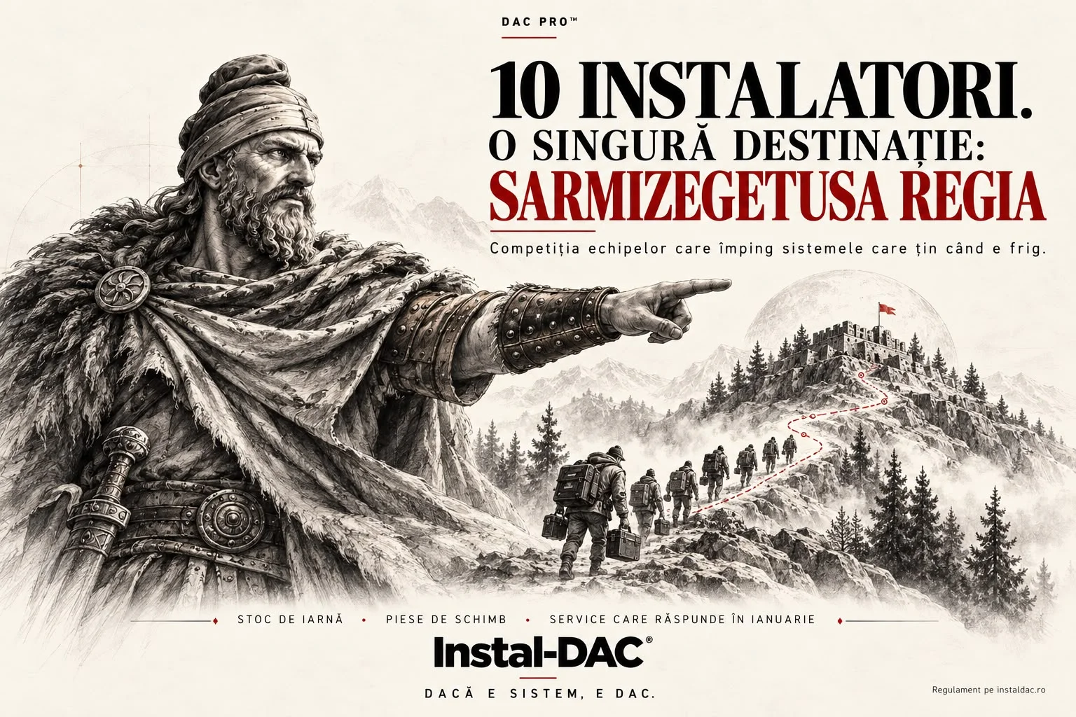 Planșă de campanie DAC Pro cu titlul 10 instalatori, o singură destinație, Sarmizegetusa Regia, competiția echipelor care împing sistemele care țin când e frig. Un dac arată spre o cetate pe munte, unde urcă un șir de instalatori cu echipamente, iar jos scrie stoc de iarnă, piese de schimb, service care răspunde în ianuarie, Instal-DAC, dacă e sistem, e DAC.
