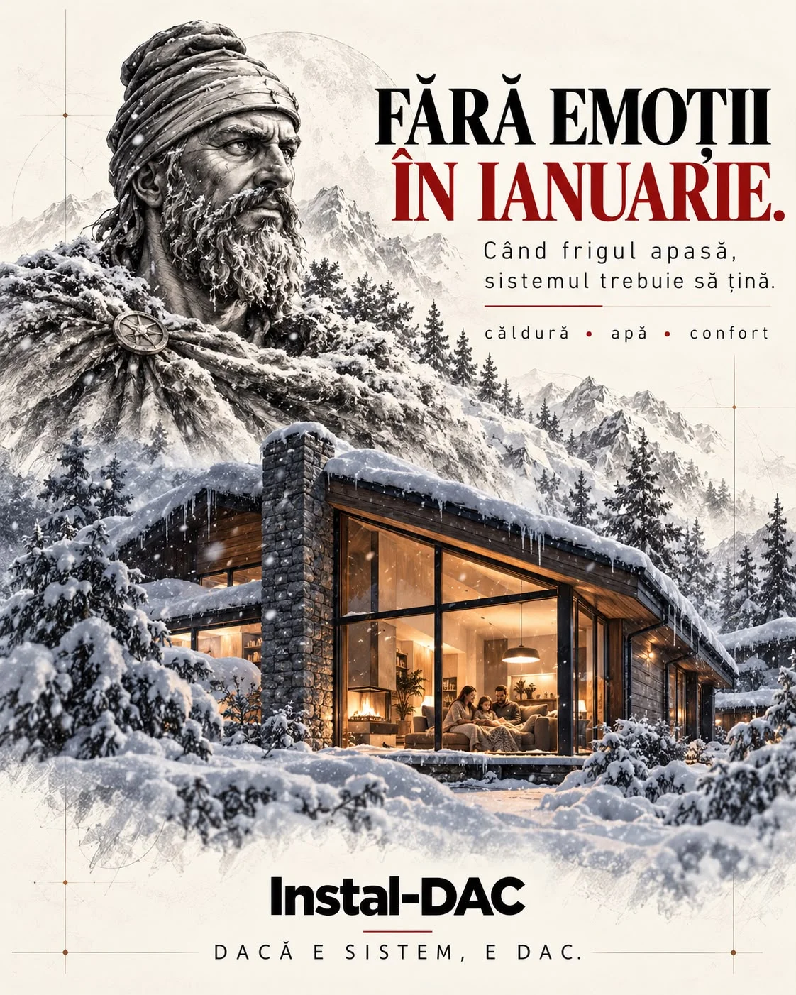 Afiș de iarnă cu titlul Fără emoții în ianuarie și textul Când frigul apasă, sistemul trebuie să țină, căldură, apă, confort. Chipul unui dac se topește în munții înzăpeziți, deasupra unei case luminate în care stă o familie, iar jos scrie Instal-DAC, dacă e sistem, e DAC.
