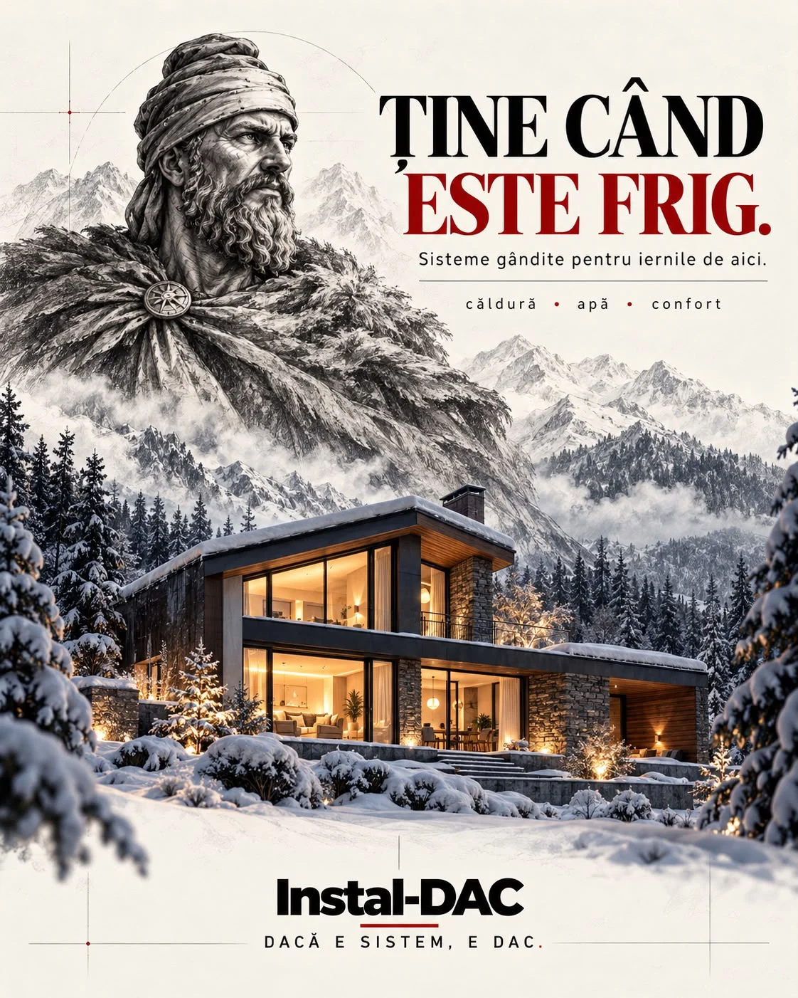 Afiș de iarnă cu titlul Ține când este frig și textul Sisteme gândite pentru iernile de aici, căldură, apă, confort. Un dac îmbrăcat în blană privește dintre munți spre o casă modernă luminată, în zăpadă, iar jos scrie Instal-DAC, dacă e sistem, e DAC.