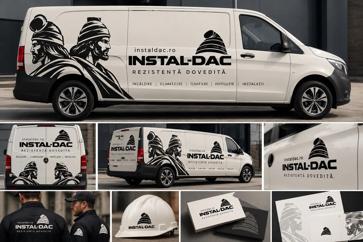 Planșă cu identitatea propusă Instal-DAC, Rezistență dovedită, aplicată pe o dubă albă cu doi daci și căciula dacică drept siglă, plus duba văzută din mai multe unghiuri, uniforme, o cască de protecție și cărți de vizită.
