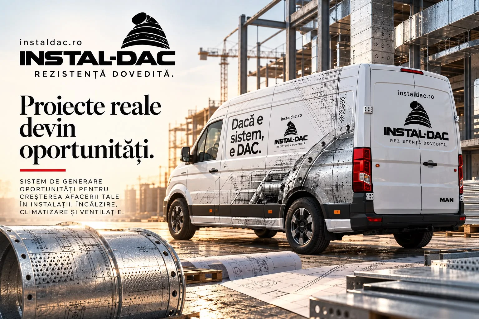 Van branded Instal-DAC pe un șantier de construcții, cu mesajul Proiecte reale devin oportunități, sloganul Rezistență dovedită și adresa instaldac.ro.