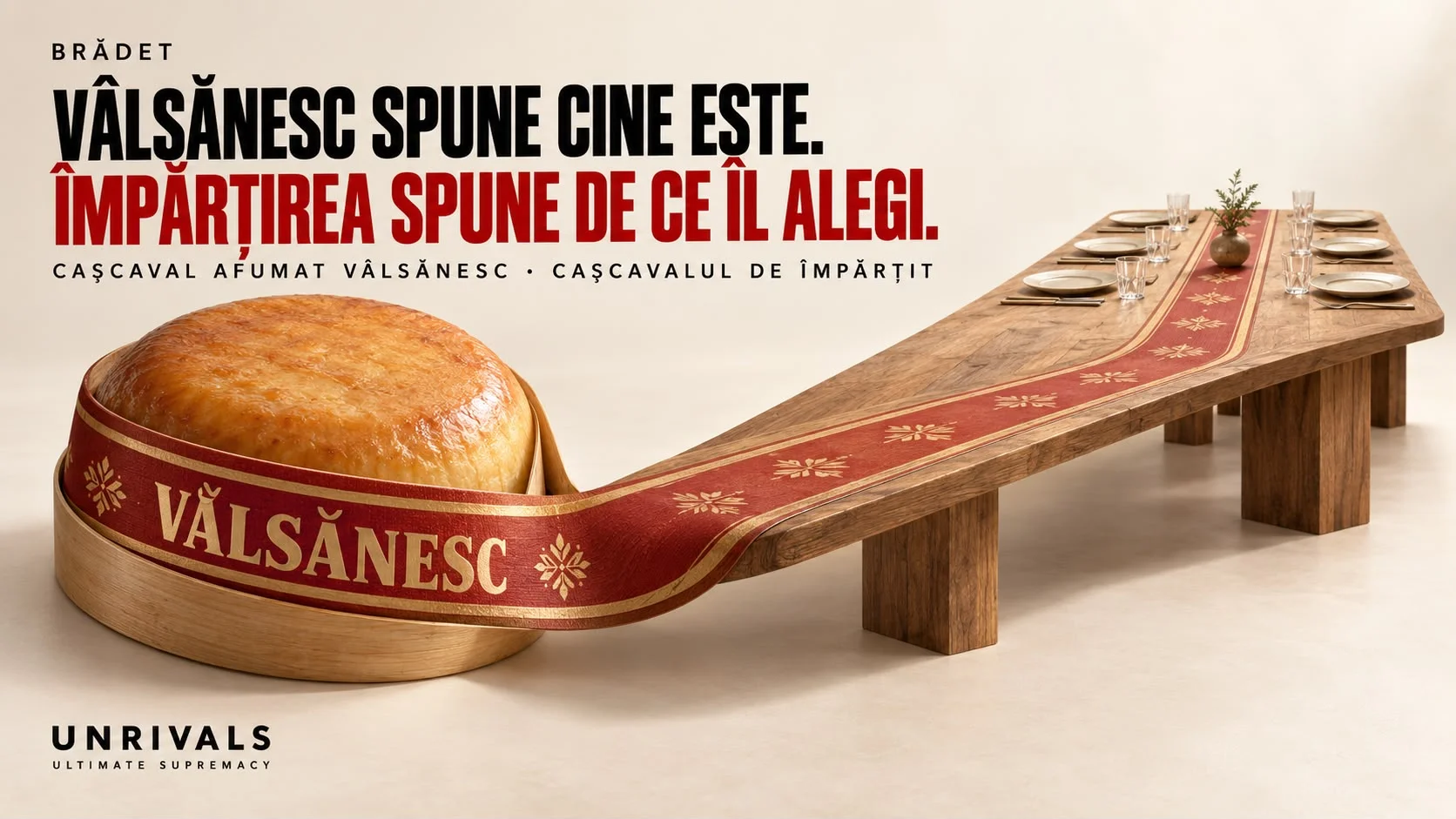 Planșă concept Brădet: un cașcaval afumat rotund așezat în caserola lui de lemn, din care se desfășoară o bandă roșu-aurie cu inscripția „VÂLSĂNESC”, prelungită într-o masă lungă de lemn pusă pentru mai mulți oameni, sub titlul „Vâlsănesc spune cine este. Împărțirea spune de ce îl alegi.” și rândul „Cașcaval afumat vâlsănesc · cașcavalul de împărțit”.