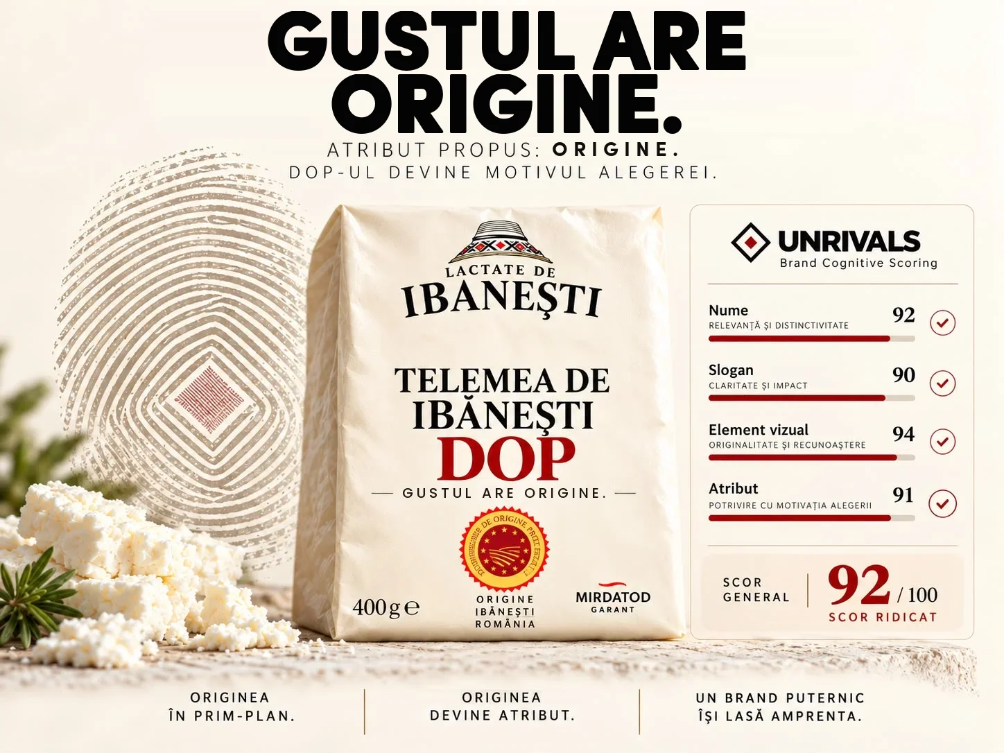Planșă cu titlul Gustul are origine, cu atributul propus Origine și DOP-ul ca motiv al alegerii. În centru, ambalajul crem Lactate de Ibănești, Telemea de Ibănești DOP, cu sloganul Gustul are origine, sigiliul DOP și Mirdatod garant, lângă bucăți de telemea și o amprentă cu romb. În dreapta, panoul UNRIVALS Brand Cognitive Scoring, cu nume 92, slogan 90, element vizual 94, atribut 91, scor general 92 din 100.