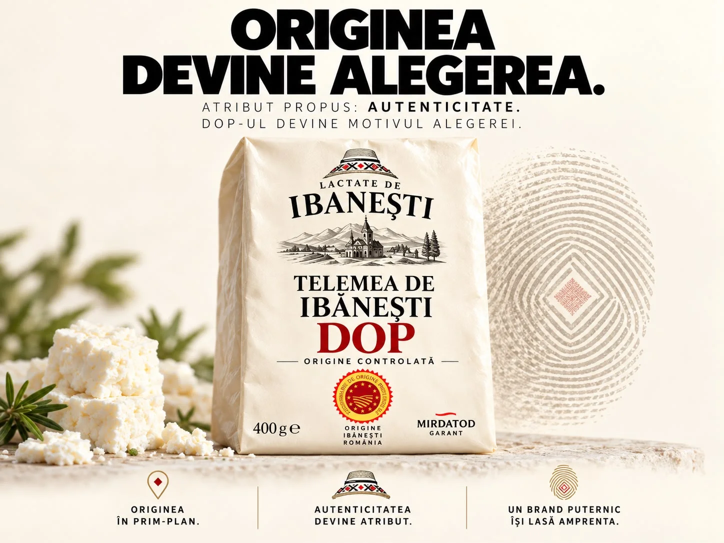 Planșă de încheiere cu titlul Originea devine alegerea, cu atributul propus Autenticitate și DOP-ul ca motiv al alegerii. În centru, ambalajul crem Lactate de Ibănești, Telemea de Ibănești DOP, origine controlată, cu sigiliul DOP și Mirdatod garant, lângă bucăți de telemea și o amprentă cu romb. Dedesubt sunt trei idei, originea în prim-plan, autenticitatea devine atribut, un brand puternic își lasă amprenta.