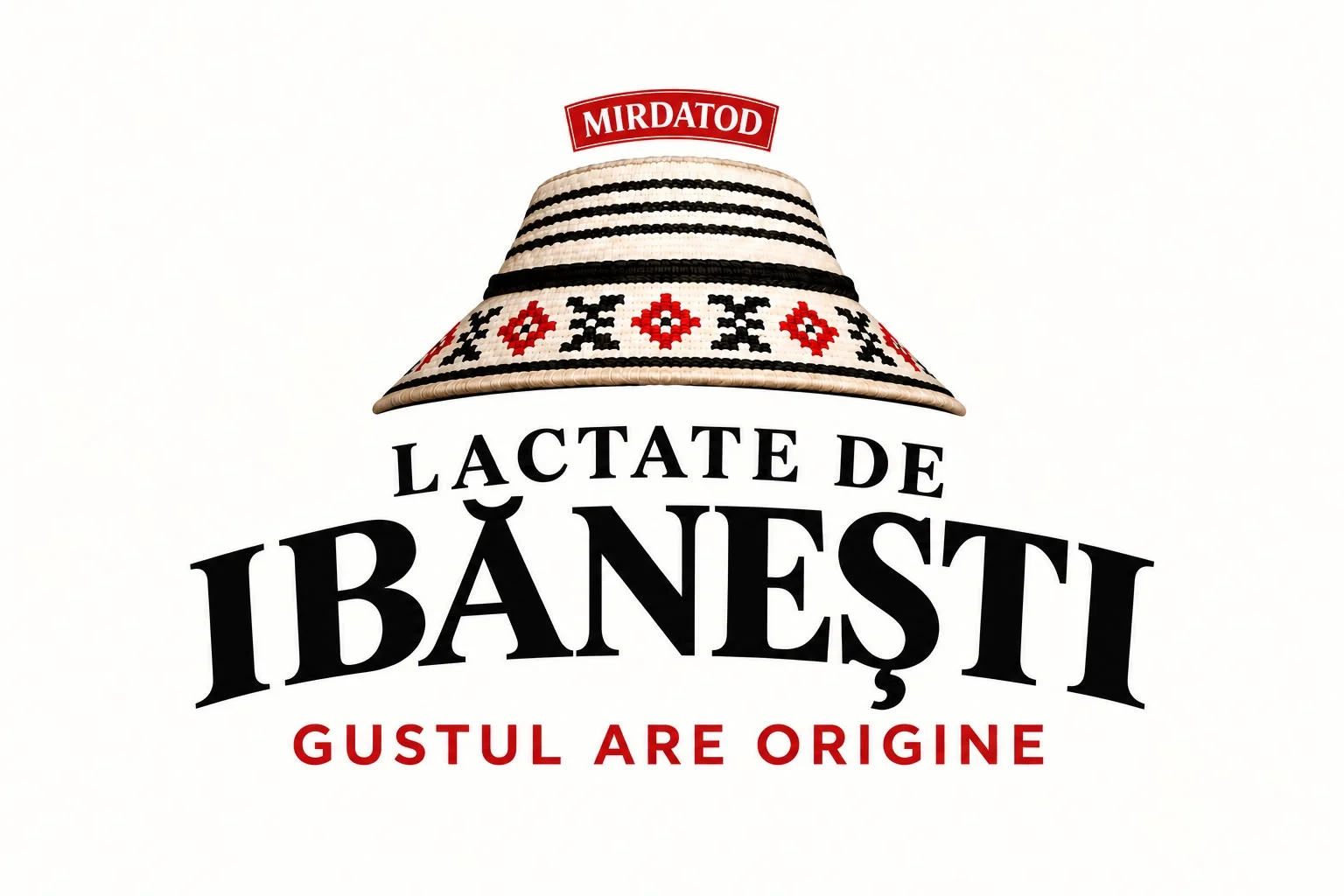 Aceeași marcă propusă, căciula țărănească deasupra inscripției Lactate de Ibănești și a sloganului Gustul are origine, cu cartușul roșu Mirdatod adăugat deasupra căciulii, ca garant al producătorului.