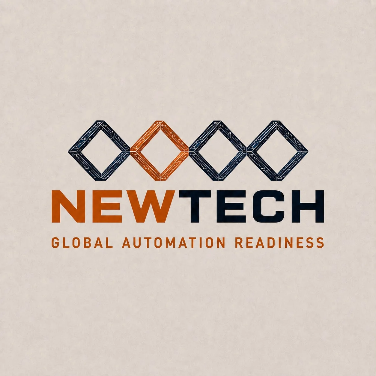Lockup principal propus: patru romburi desenate din trasee de circuit, deasupra cuvântului NEWTECH, cu NEW în portocaliu și TECH în bleumarin, peste tagline-ul Global Automation Readiness.