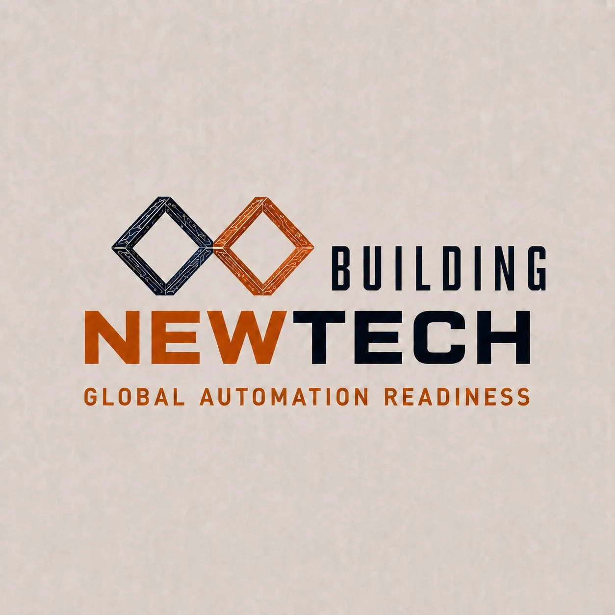Sub-lockup NewTech Building: două romburi din trasee de circuit și cuvântul BUILDING alături de NEWTECH, peste tagline-ul Global Automation Readiness.