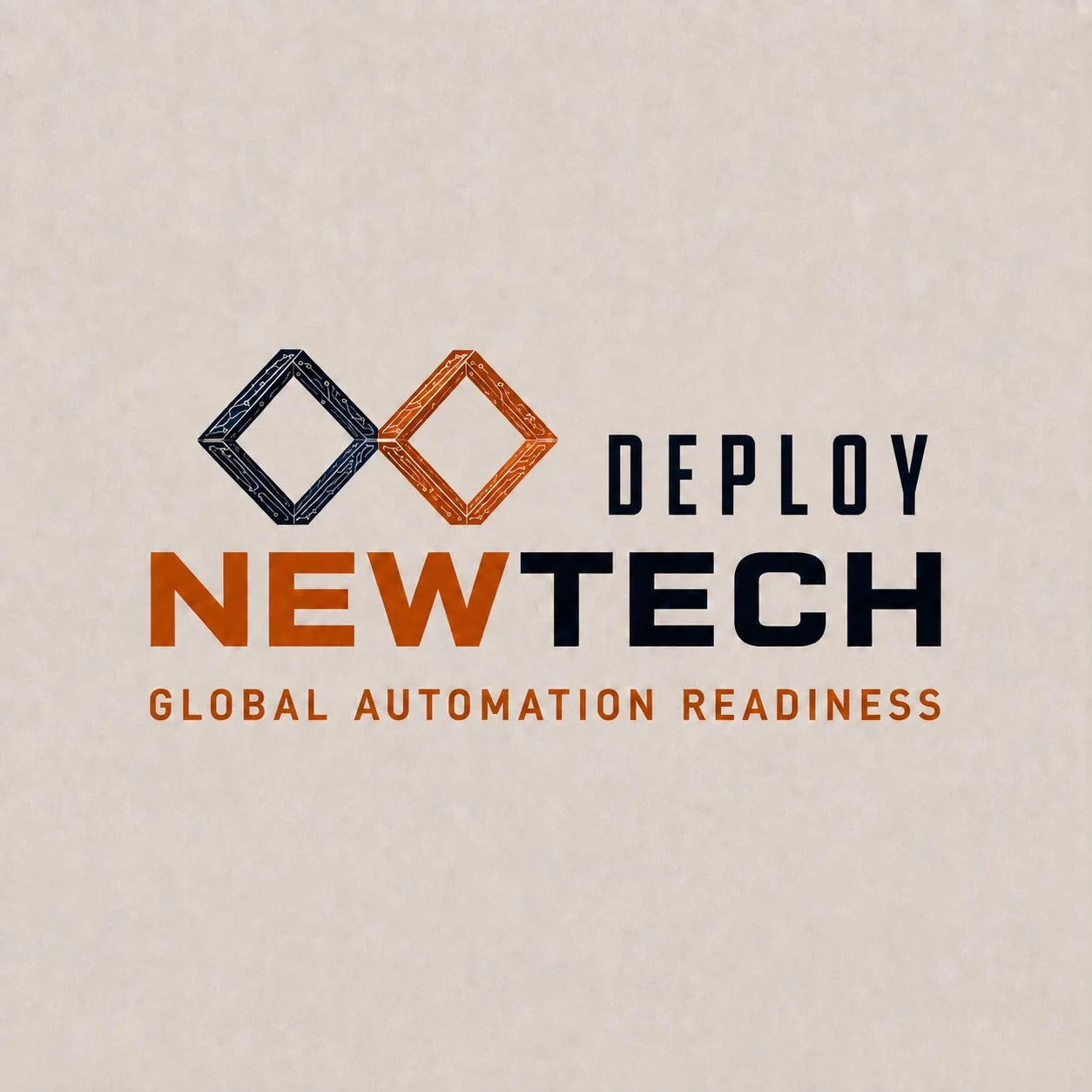 Sub-lockup NewTech Deploy: două romburi din trasee de circuit și cuvântul DEPLOY alături de NEWTECH, peste tagline-ul Global Automation Readiness.