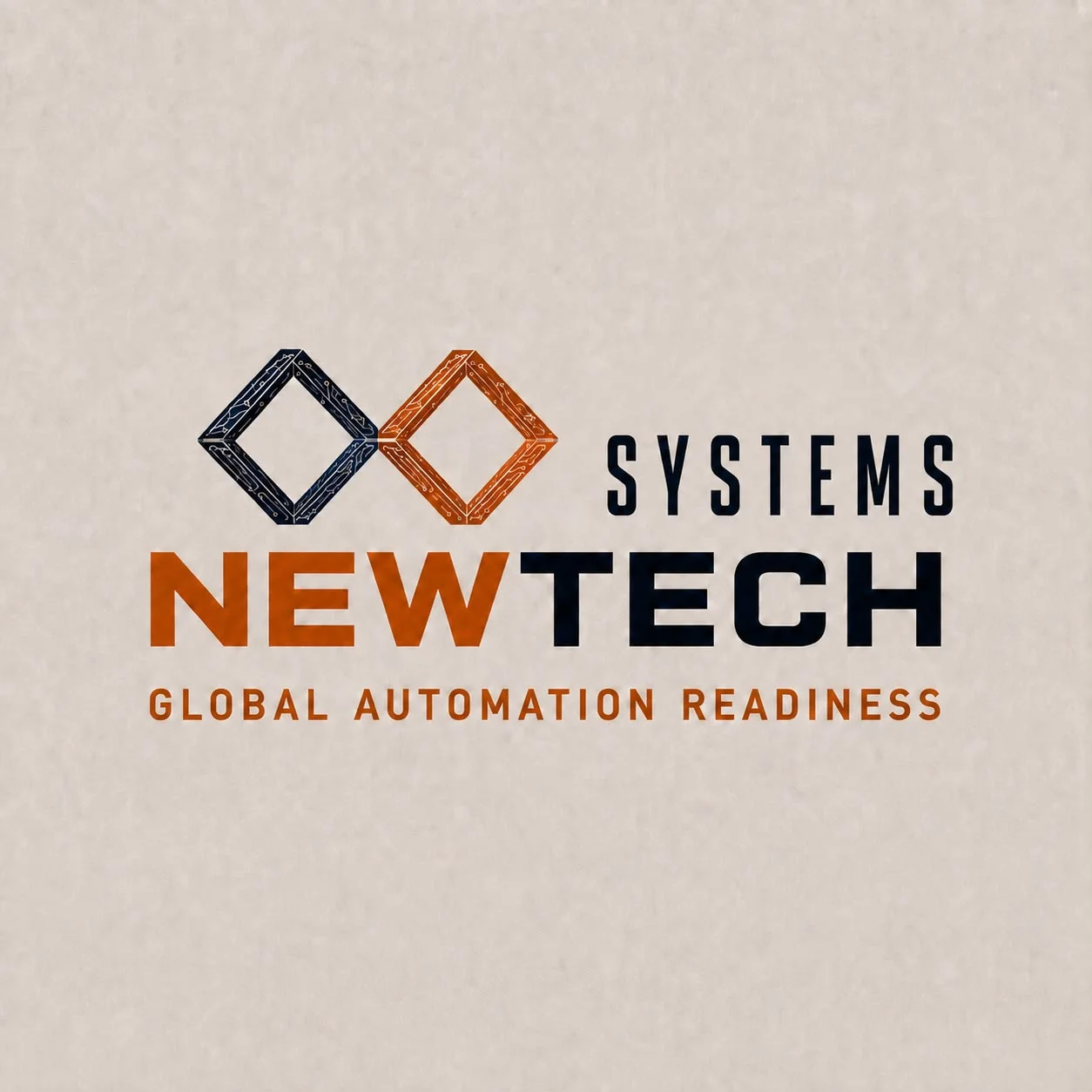 Sub-lockup NewTech Systems: două romburi din trasee de circuit și cuvântul SYSTEMS alături de NEWTECH, peste tagline-ul Global Automation Readiness.