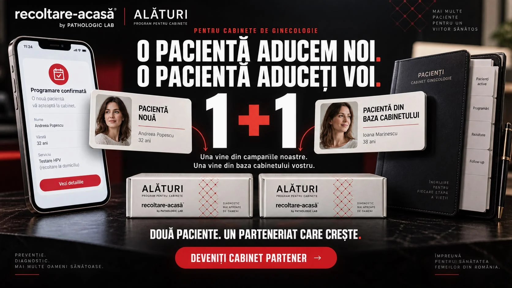 Planșă ALĂTURI, program pentru cabinete de ginecologie. Mecanica unu plus unu: o pacientă vine din campaniile laboratorului, una din baza cabinetului, cu îndemnul de a deveni cabinet partener.