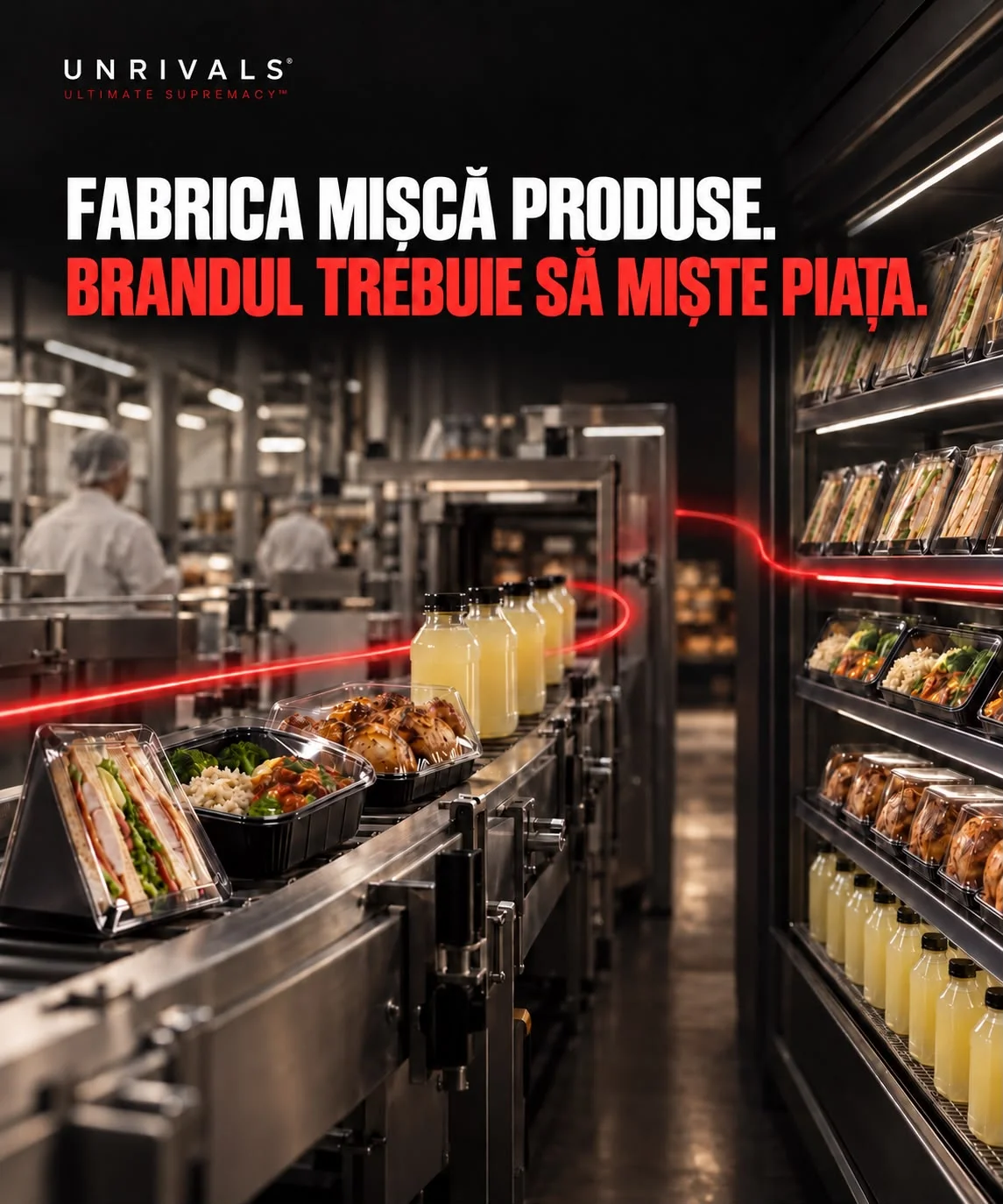 Planșă: o bandă de producție încărcată cu sandwich-uri ambalate, caserole cu preparate calde și băuturi, legată printr-o linie roșie de un raft frigorific plin, într-un magazin. Textul spune că fabrica mișcă produse, iar brandul trebuie să miște piața.