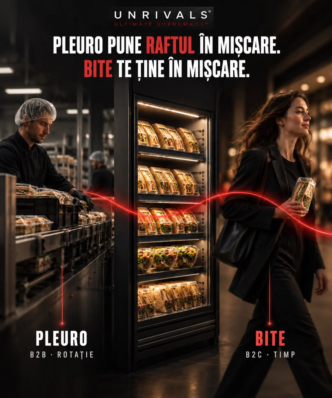 Planșă în două jumătăți, legate printr-o linie roșie continuă: în stânga, un operator în fabrică așază produse ambalate în navete; în dreapta, o femeie merge pe stradă cu un sandwich ambalat în mână. Între ei, un raft frigorific plin. Textul spune că Pleuro pune raftul în mișcare, iar BITE te ține în mișcare, cu etichetele B2B rotație și B2C timp.