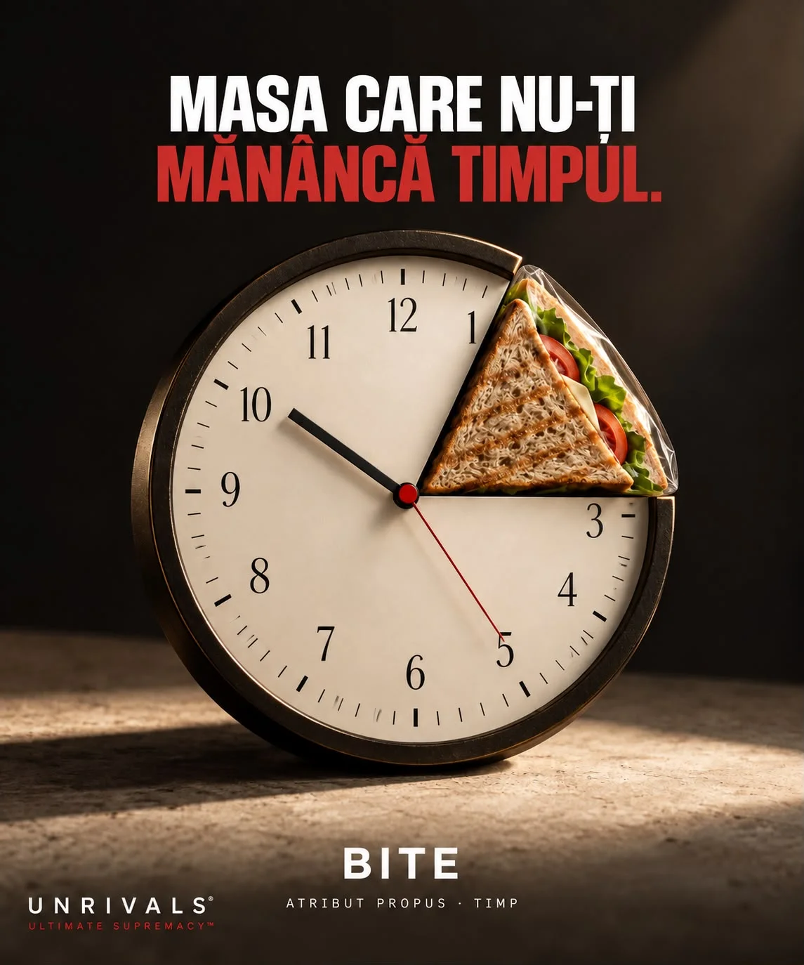 Planșă: un ceas de perete din care lipsește un sfert, iar în locul lui stă un sandwich triunghiular ambalat, care completează exact cadranul. Textul spune că este masa care nu-ți mănâncă timpul, cu eticheta BITE, atribut propus timp.